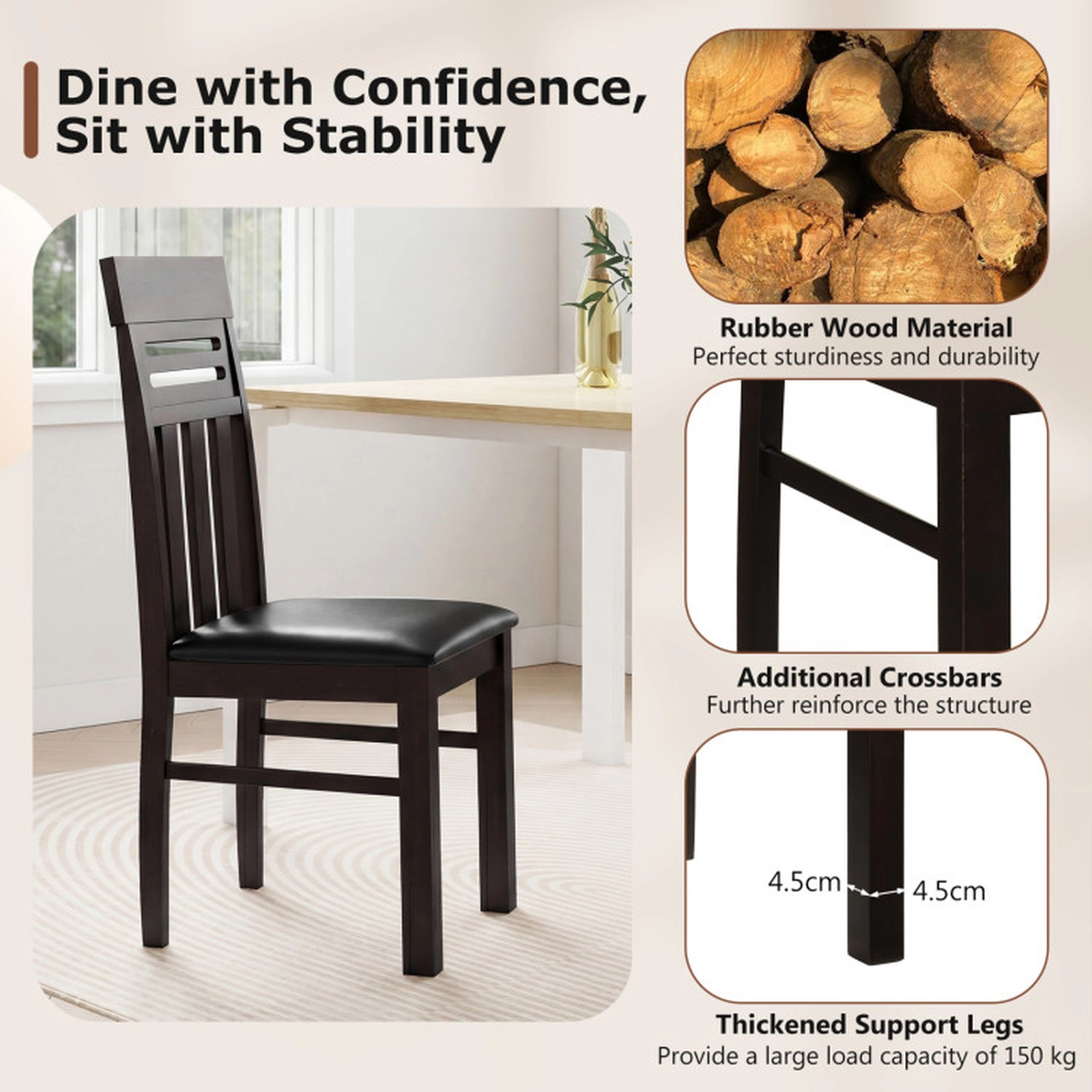SUGIFT Set of 2 Brown Faux Leather High-Back Dining Chairs