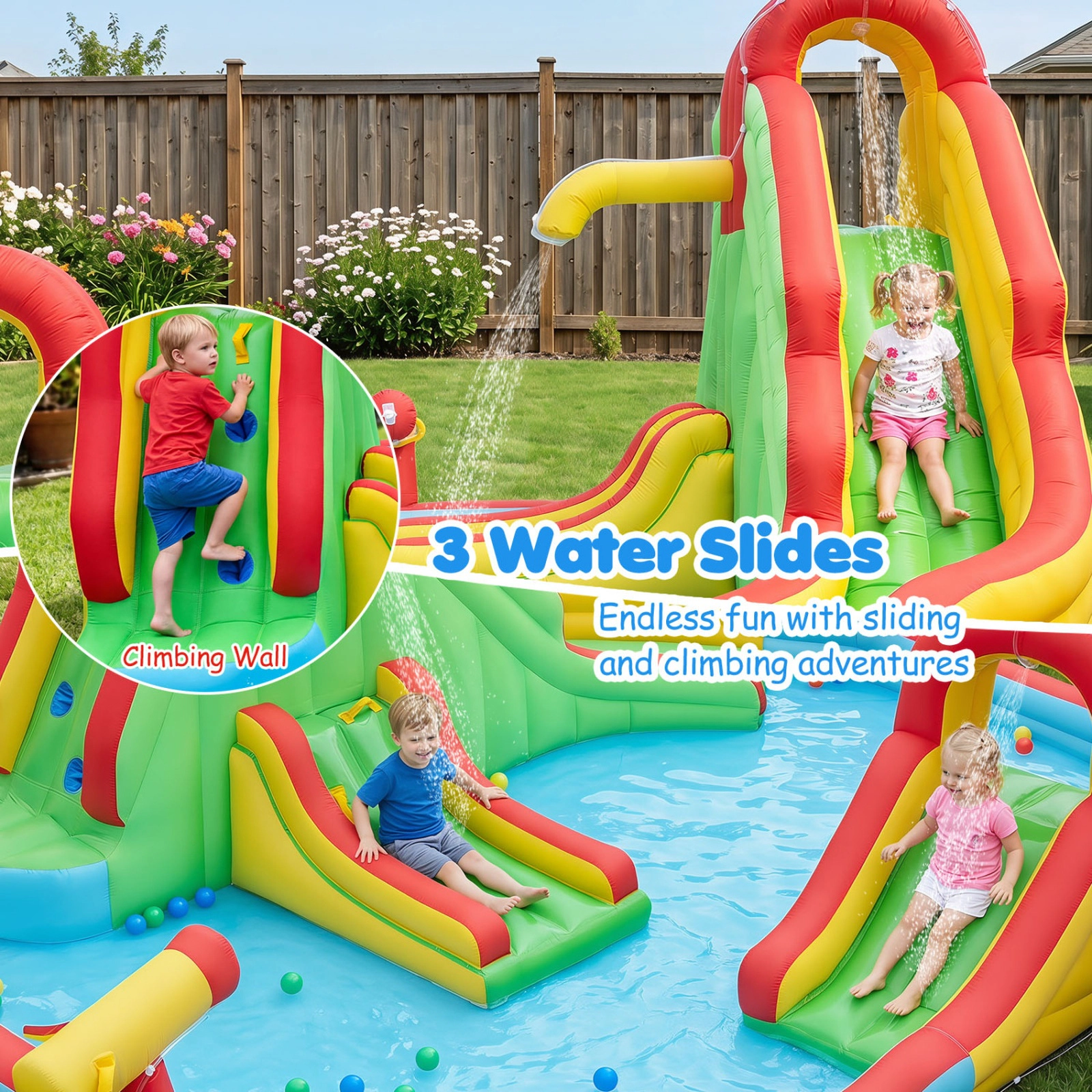 SUGIFT Kids Inflatable Bounce House Water Park with Splash Pool and 3 Water Slides 100-lb Capacity Ages 3-12 Multi-Color