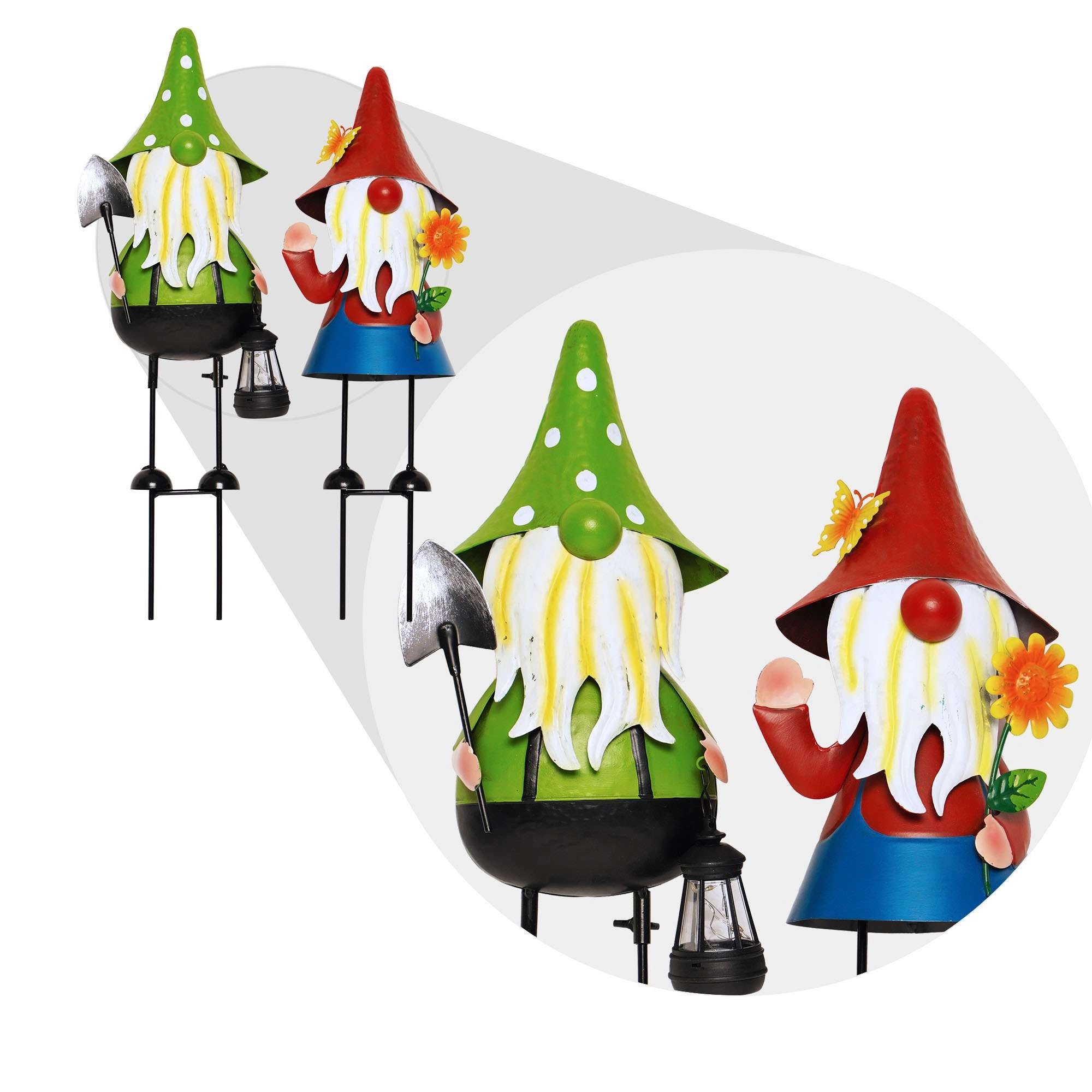 G128 Solar Gnome Garden Statues Set of 2 - 18.75in Metal Gnomes with Solar LED Lanterns for Garden, Lawn, Patio