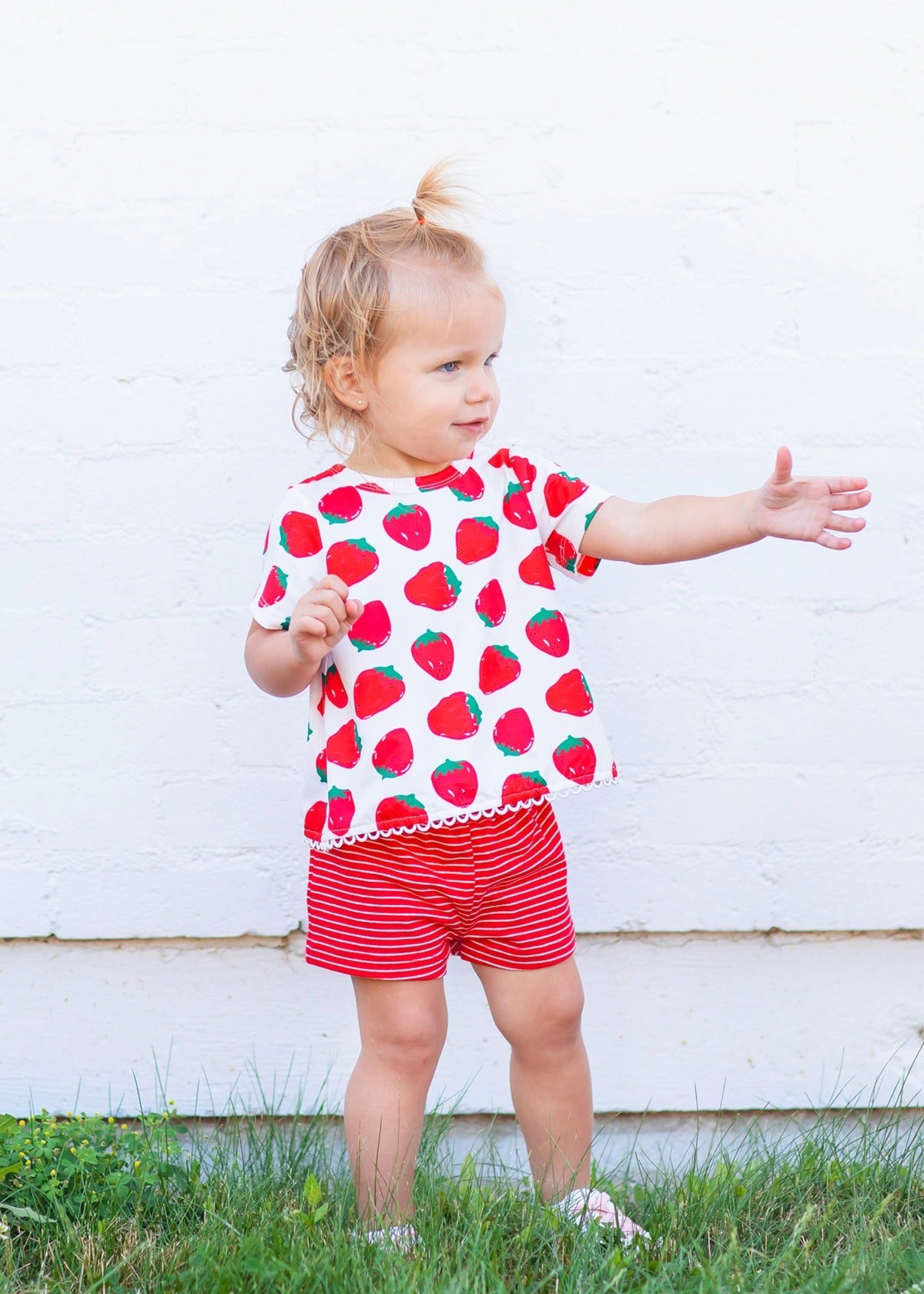 Mabel and Honey Strawberry Knit Two-Piece Set - Scallop Hem Top Elastic Waist Shorts