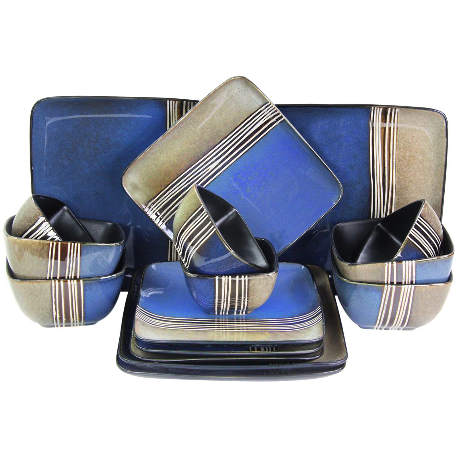 Elama Downtown Loft 16 Piece Double Bowl Stoneware Dinnerware Set with Service for 4