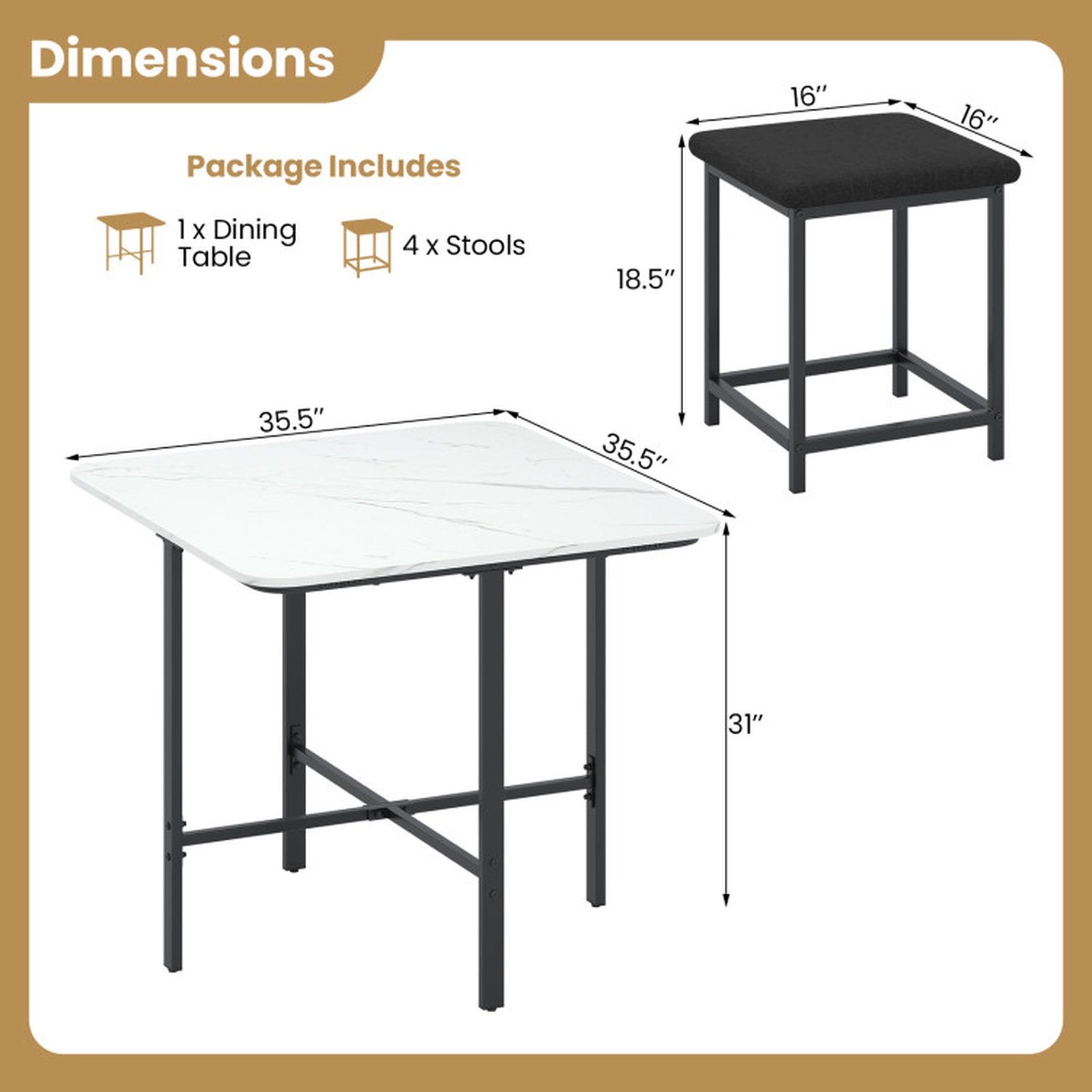 SUGIFT 35.5-in Square Dining Table Set with 4 Upholstered Stools and Metal Frame 180-lb Tabletop Capacity White