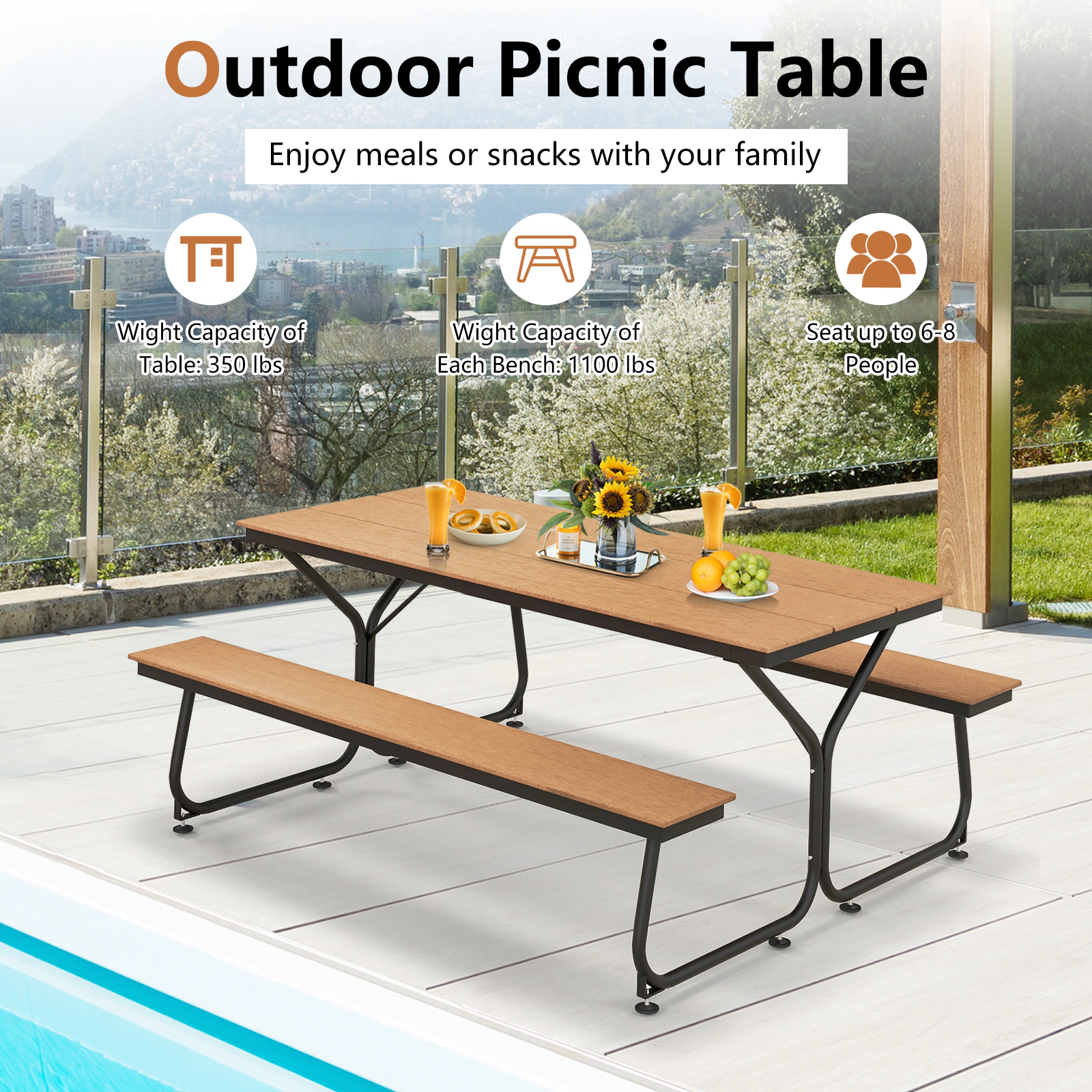 SUGIFT 6-ft Brown Outdoor Picnic Table Set with Two Benches and Umbrella Hole