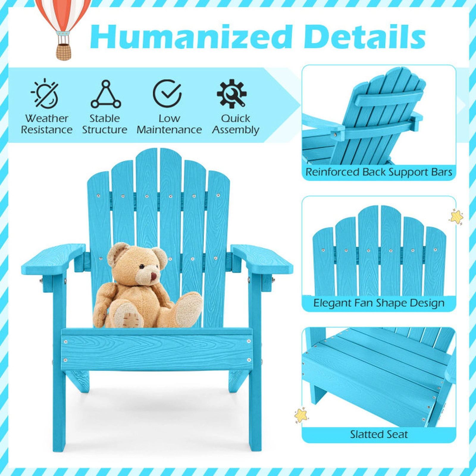 SUGIFT All-Weather Kids Adirondack Chairs 165-lb Capacity Ages 3-7 with Tilted High Backrest Turquoise