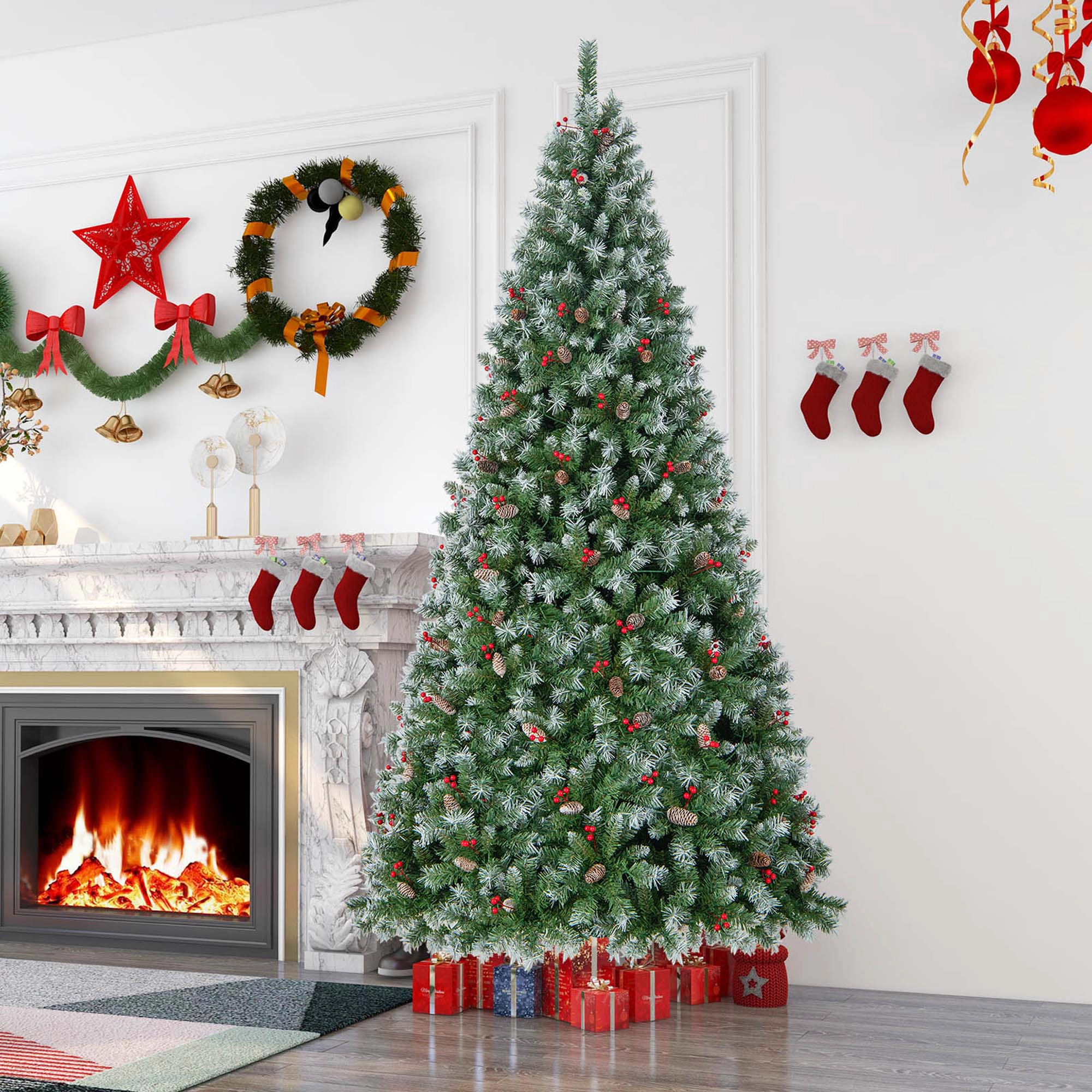 Costway 9 FT Artificial Christmas Tree Hinged with 650 Warm LED Lights & 309 Red Berries
