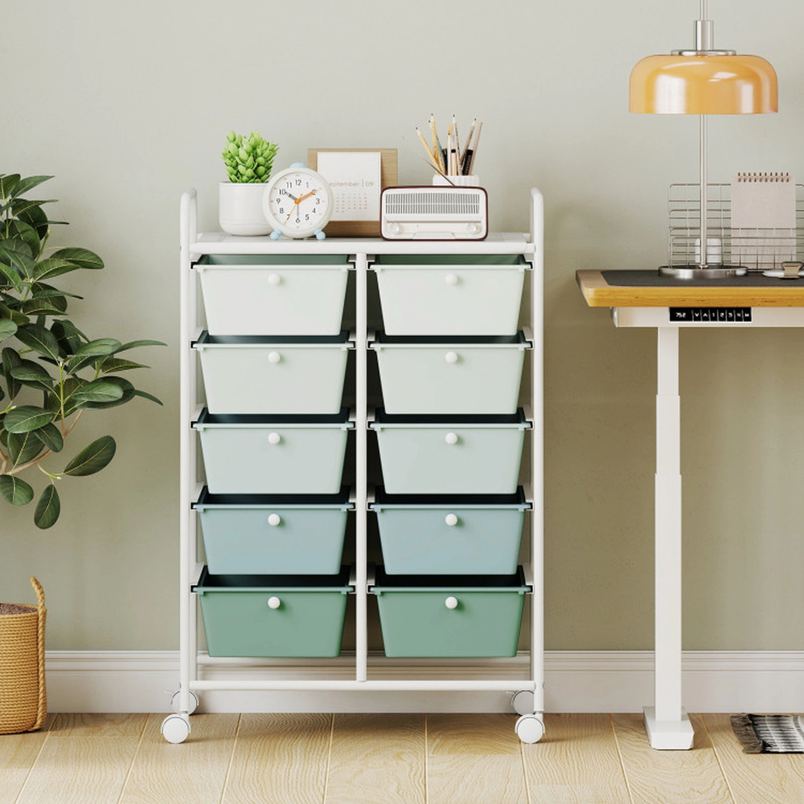 SUGIFT 10-Drawer Rolling Storage Cart with Mesh Top 22-lb Top Capacity 5.5-lb Drawer Capacity Light Green