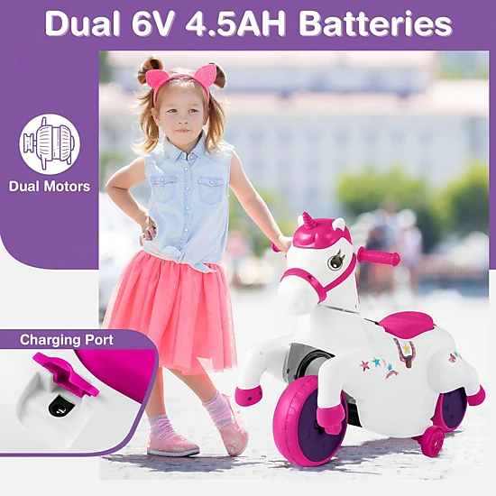 SUGIFT 12V Unicorn Ride On Toy with Training Wheels and Horse Riding ...