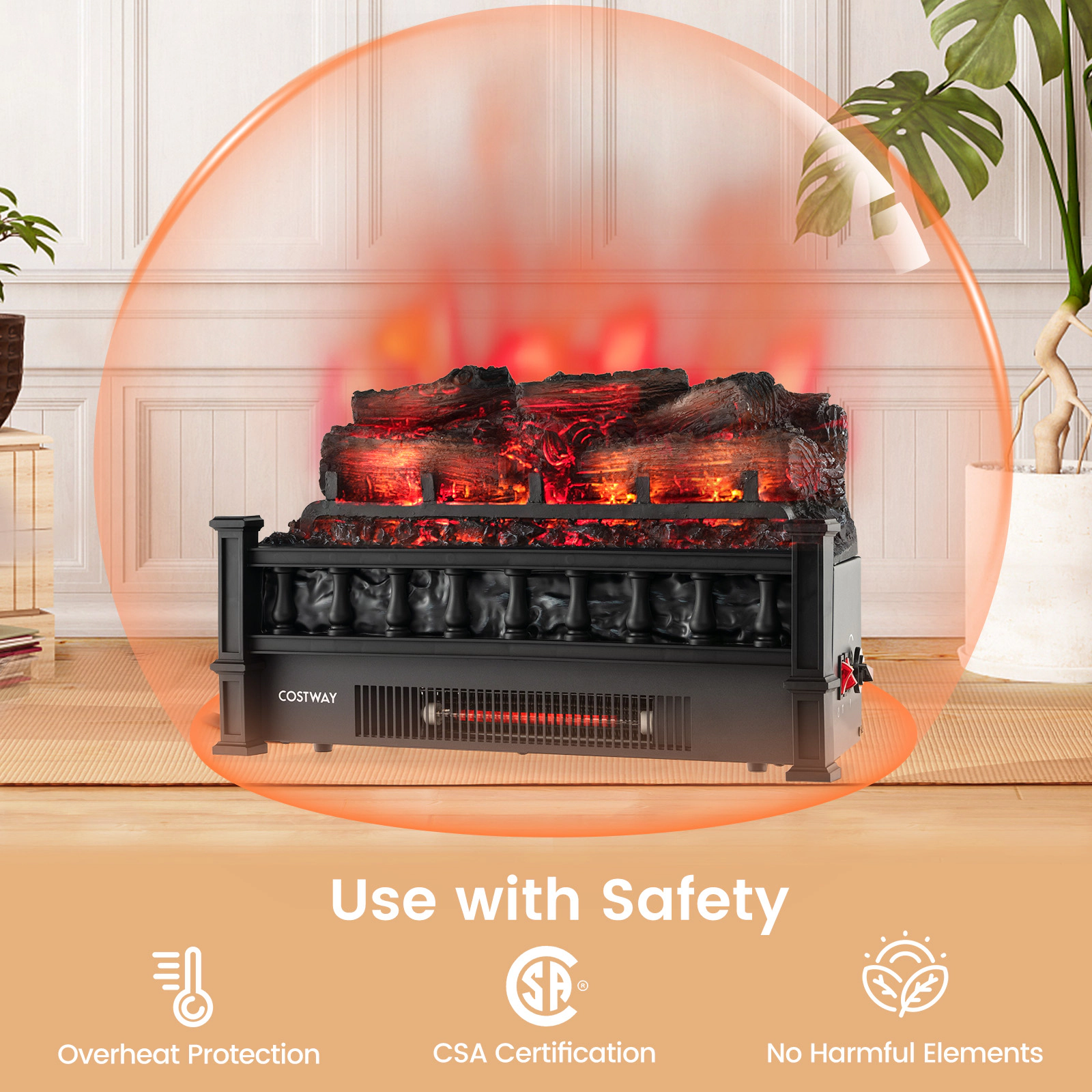 LJG 20 Inch Electric Fireplace Heater with Realistic Pinewood Ember Bed