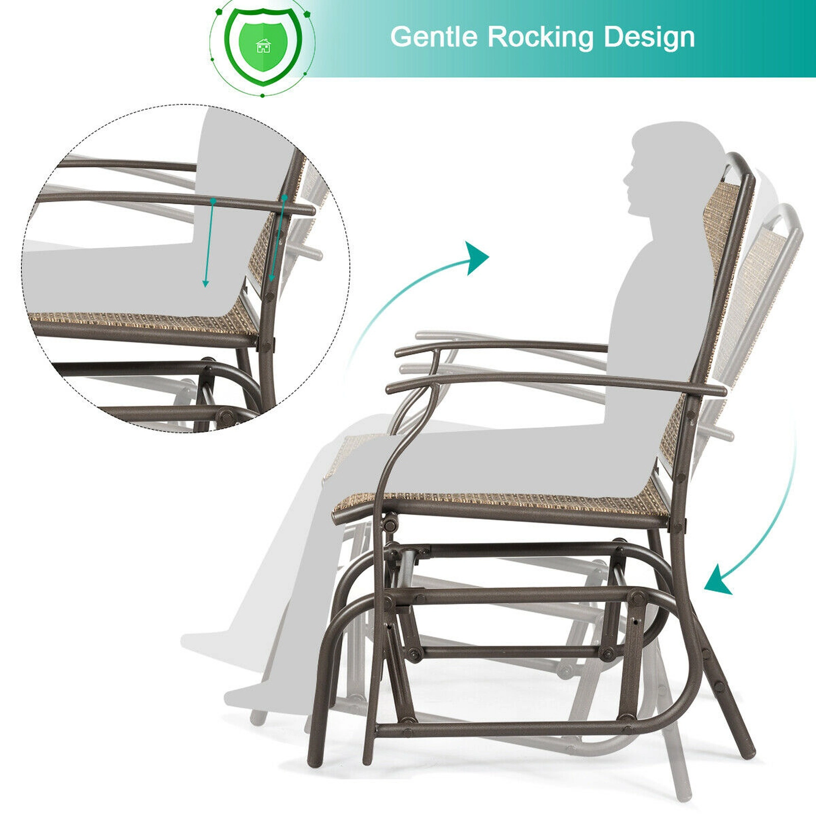 SUGIFT 2-Piece Patio Fabric and Iron Single Glider Rocking Chair Set 330-Lb Capacity Brown Outdoor Rocking Seating