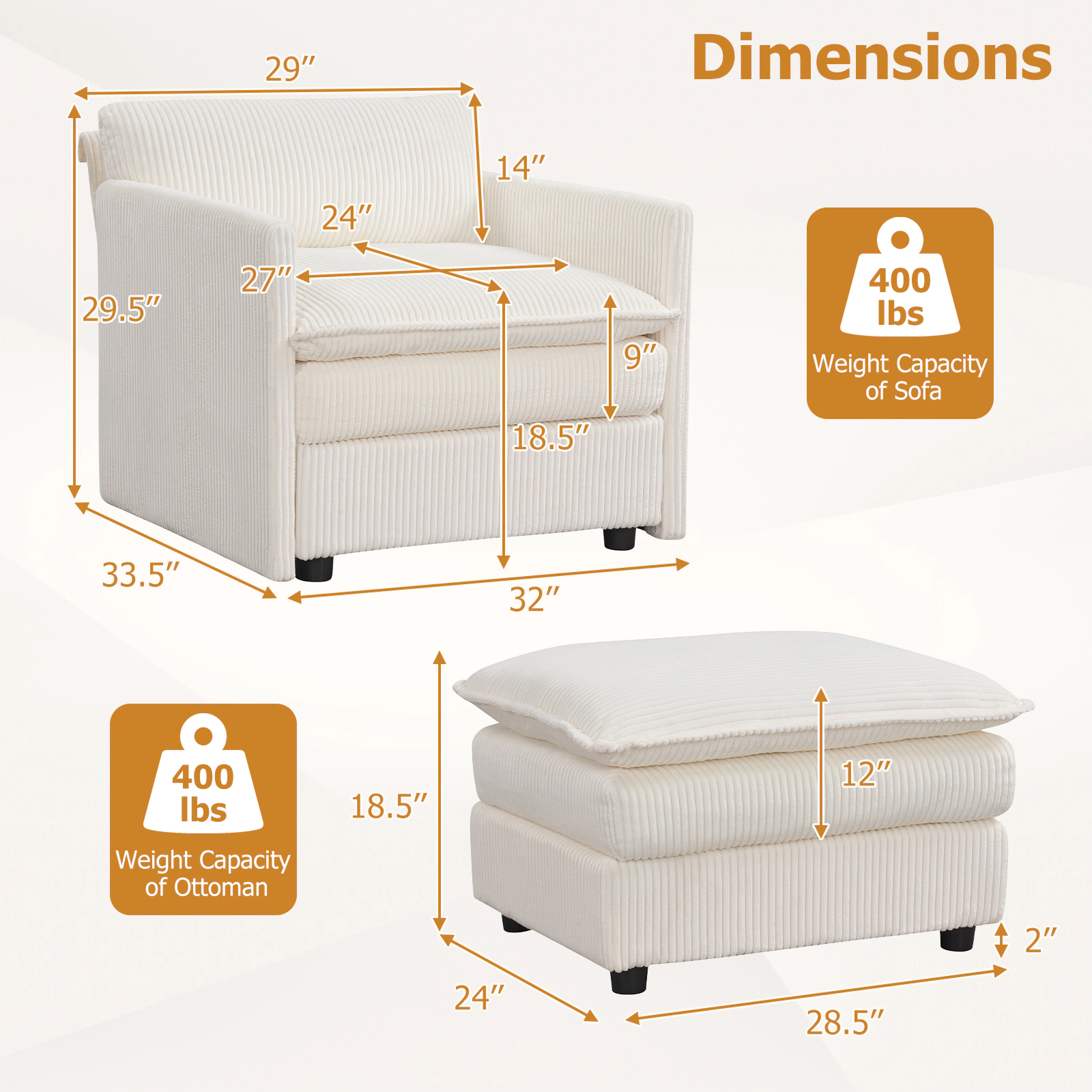 SUGIFT Oversized Beige Corduroy Accent Chair with Ottoman, Deep Seat