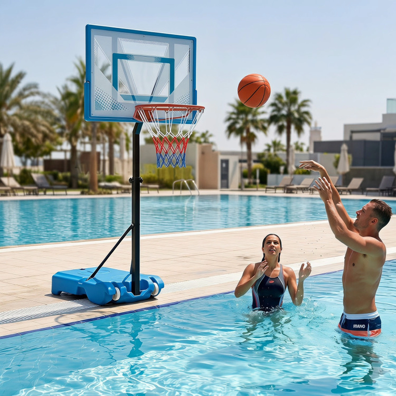 SUGIFT 3-Level Pool Basketball Hoop with Oversized 32.5-in Backboard and Weighted Base Blue + Black + White + Red