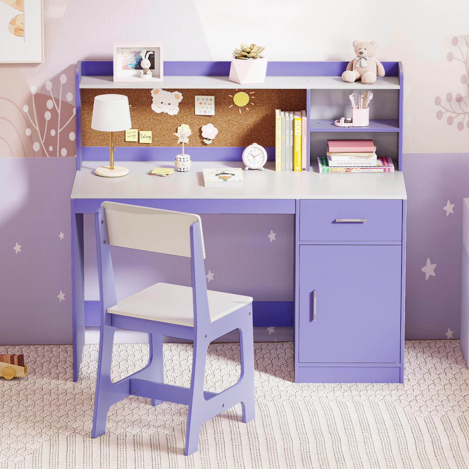 SUGIFT Kids Student Desk and Chair Set, 43-in Table with Cork Board, Drawer and Storage Cabinet, Purple