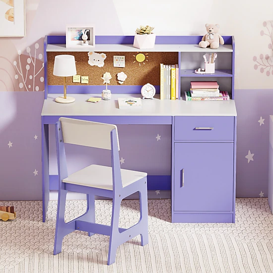 SUGIFT Kids Student Desk and Chair Set, 43-in Table with Cork Board, Drawer and Storage Cabinet, Purple