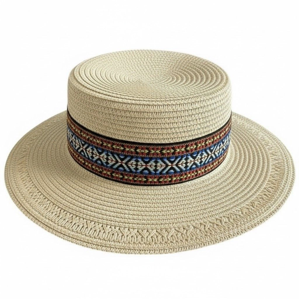 Anna-Kaci Womens Straw Boater Hat Wide Brim Summer Beach Woven Band Flat Top Sun