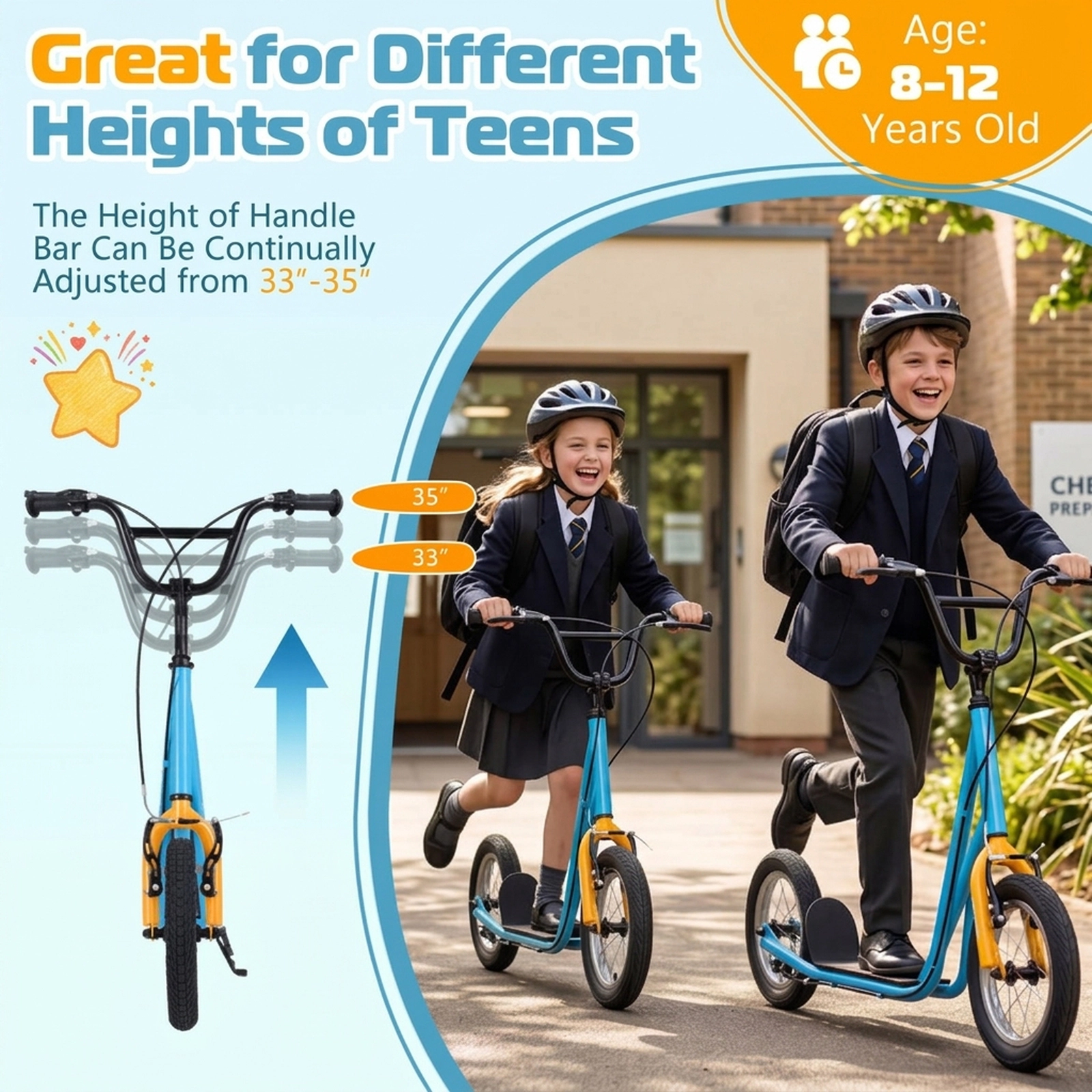 SUGIFT Height Adjustable Kid Kick Scooter with 12-in Air Filled Wheels 165-lb Capacity Ages 8+ Carbon Steel Frame Blue