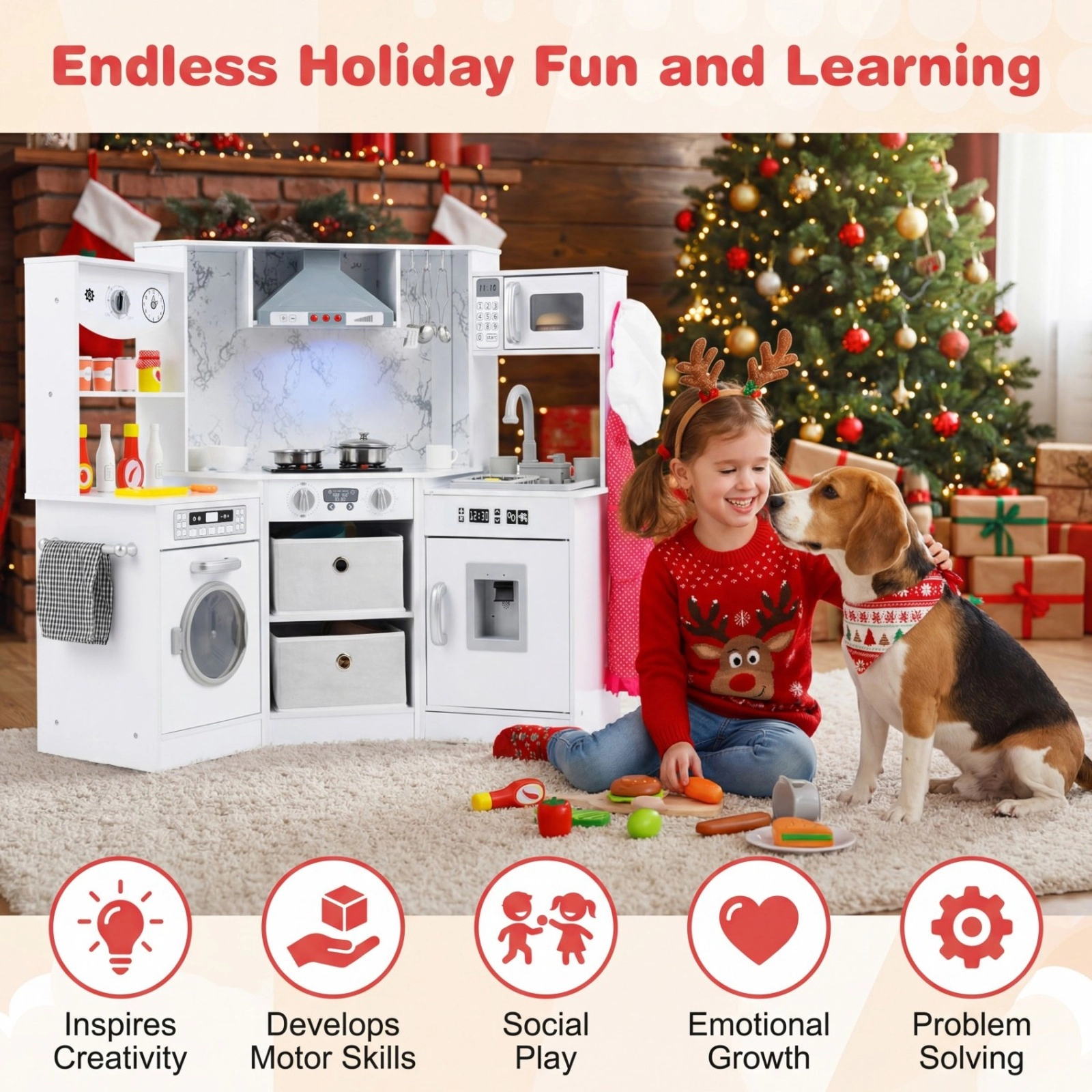 SUGIFT Wooden Kids Play Kitchen Playset White 40 in with Lights Sounds and Water Circulation