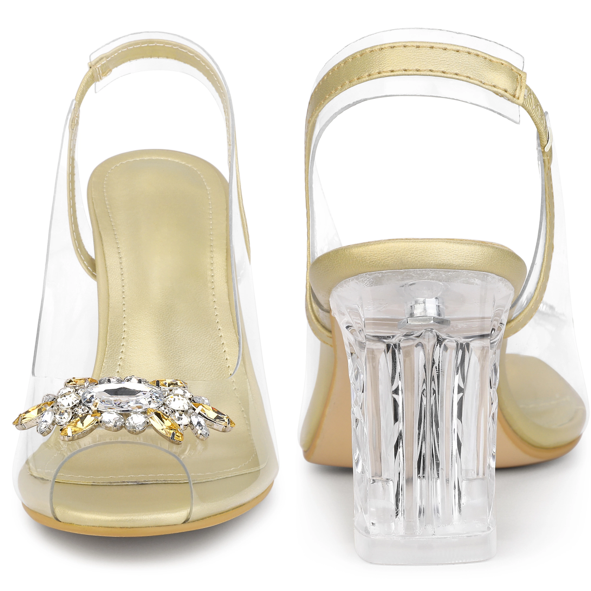 BLISSFUL STEP Women's Clear Slingback Rhinestone Peep Toe Block Heels Sandals