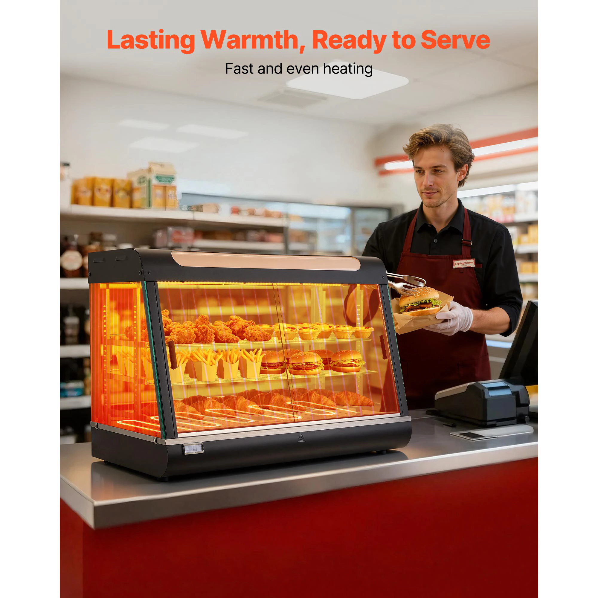 HONGGE 3-Tier Commercial Food Warmer Display with LED Light Top Storage and Adjustable Shelves