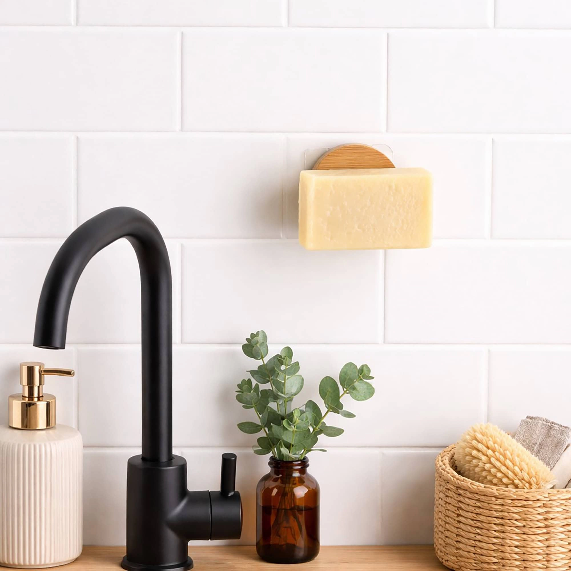 Evideco Bamboo Magnetic Wall-Mounted Soap Holder, Adhesive No-Drill Set