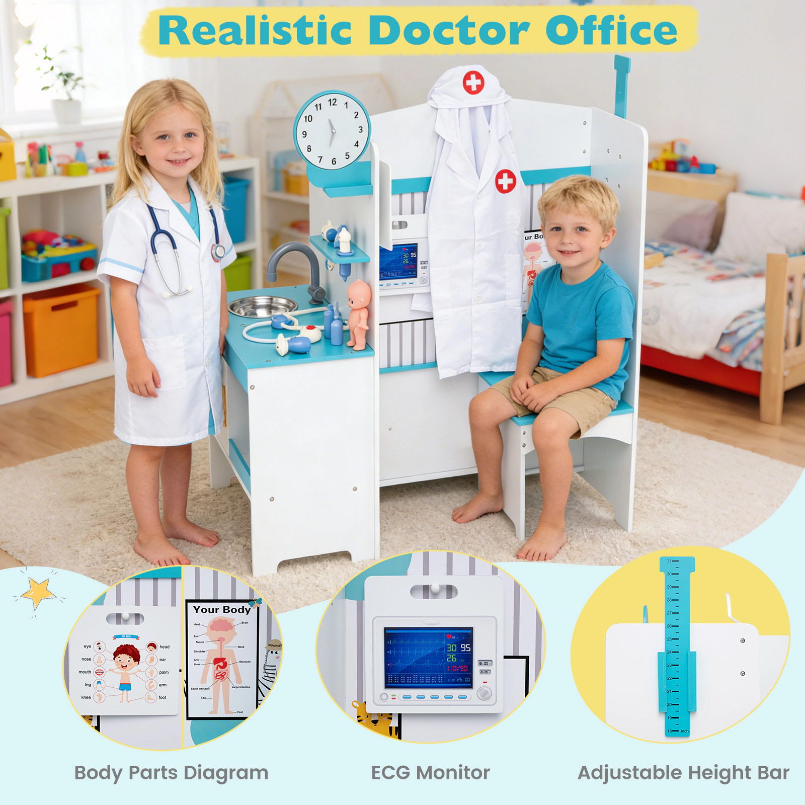 SUGIFT Blue Height Measuring Bar ECG Monitor and 27 Accessories Kids Doctor Play Set