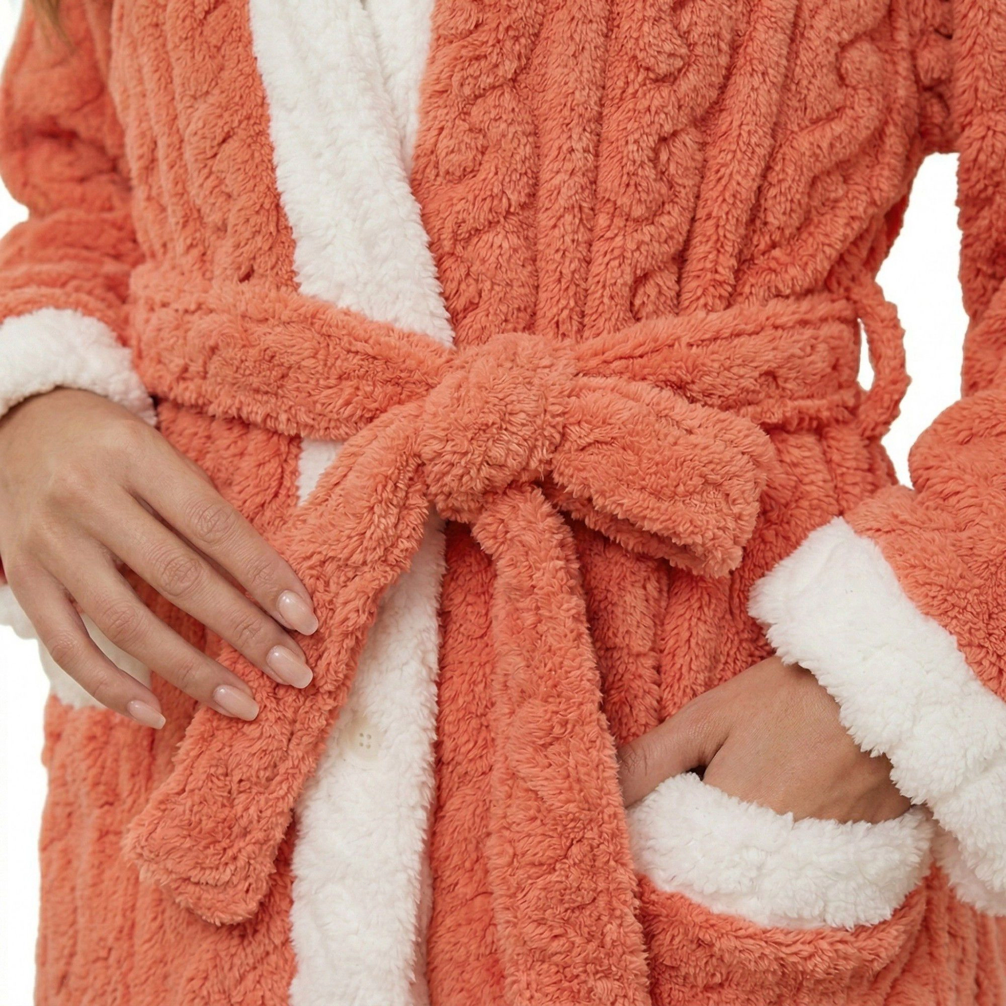Anna-Kaci Women's Plush Bathrobe with Textured Cable Pattern Contrast Trim Button Front Closure and Pockets