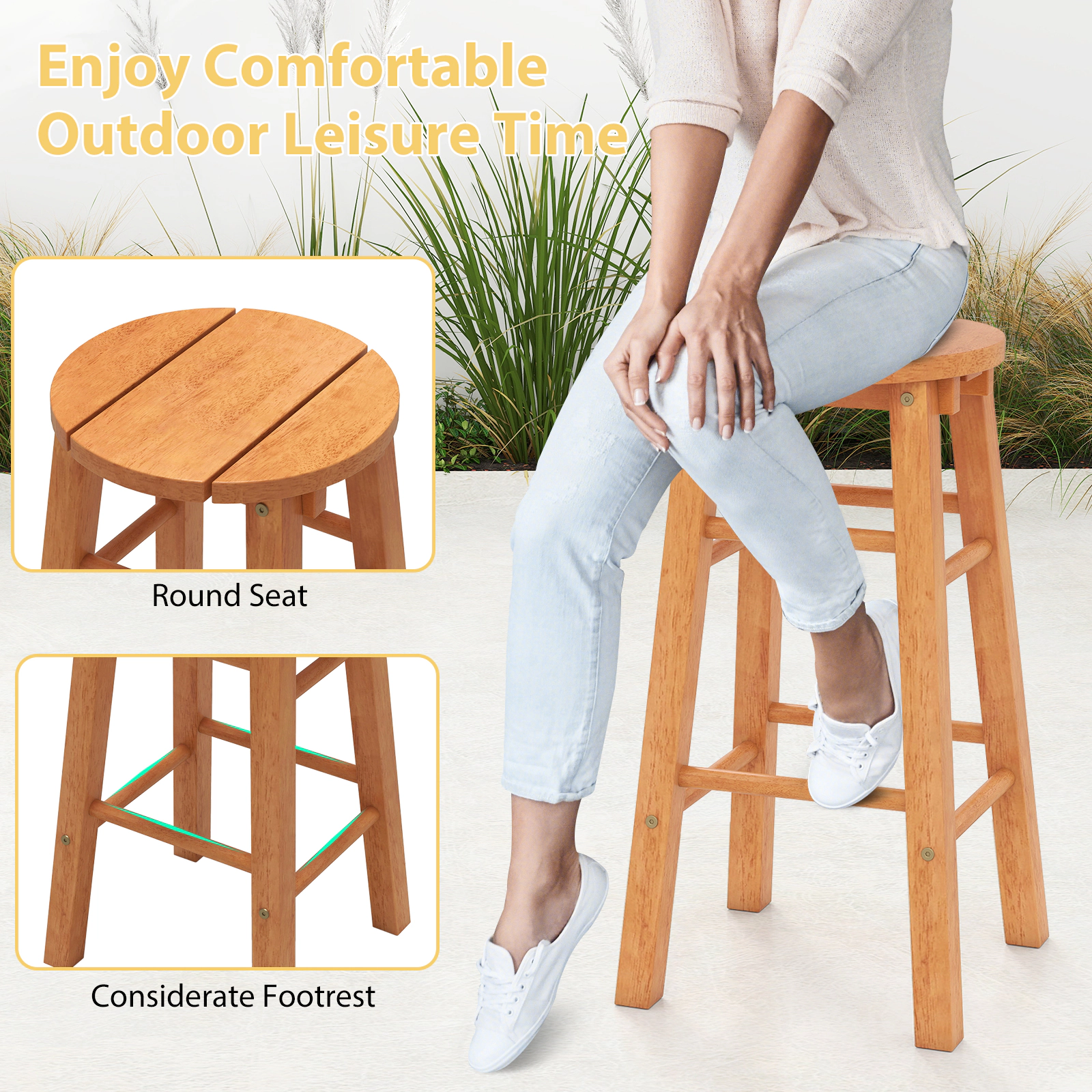 SUGIFT Round Seat and Footrest Set of 2 Natural Eucalyptus Wood 24 in Outdoor Bar Stools