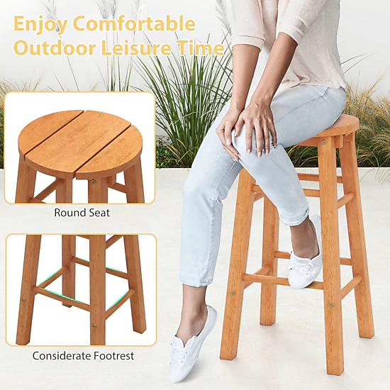 SUGIFT Set of 2 Round Seat and Footrest Eucalyptus Wood 24-in 265-lb Rated Outdoor Bar Stools Natural