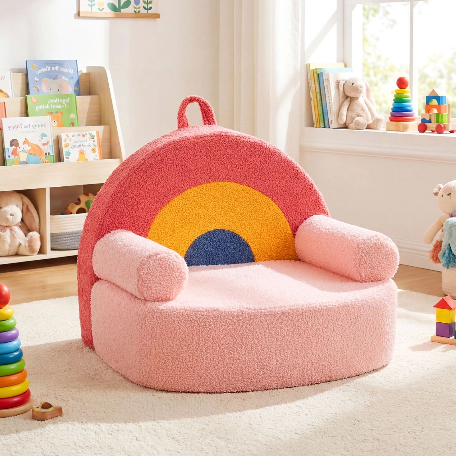 SUGIFT Red Teddy Fleece Toddler Foam Couch with Side Pocket and Washable Cover
