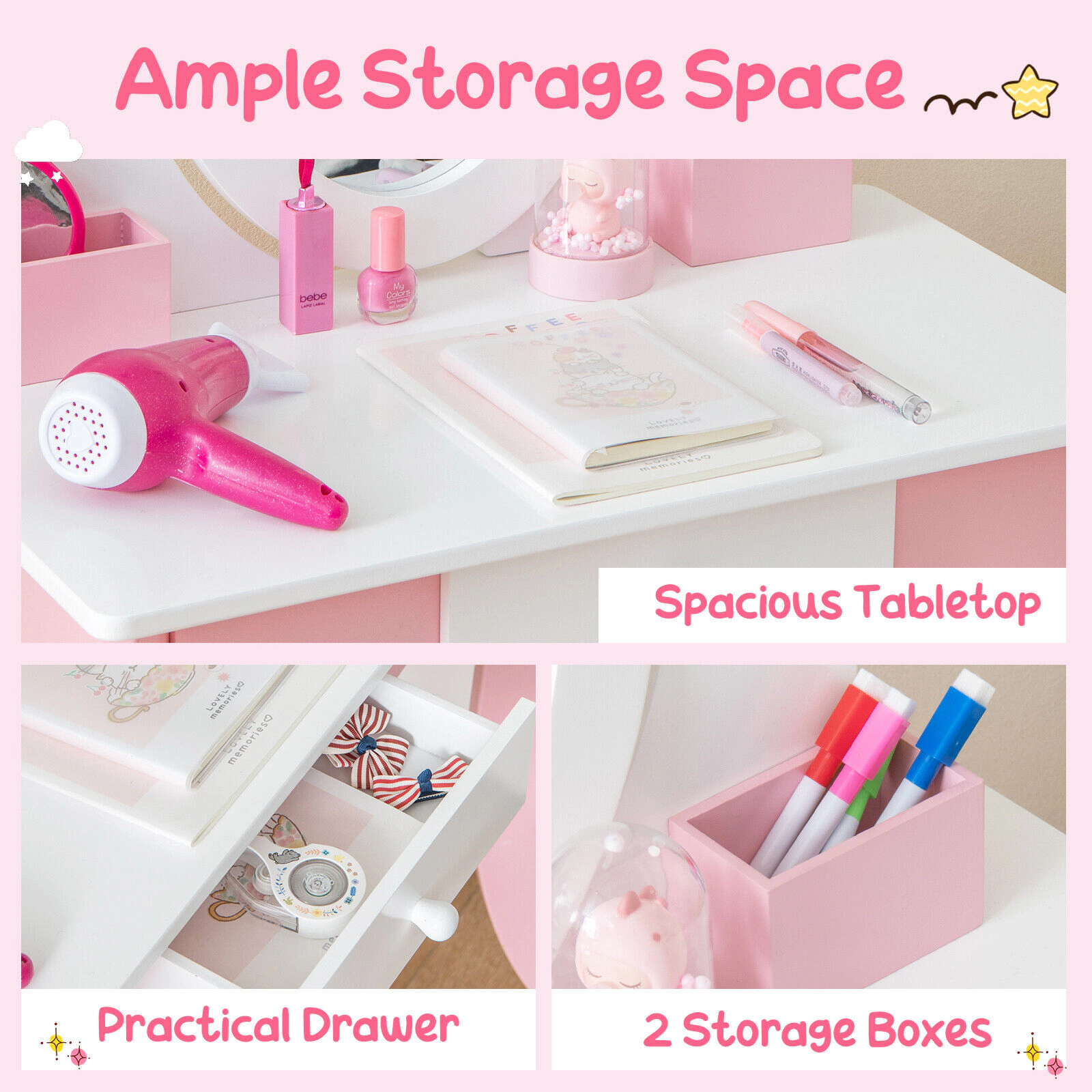 SUGIFT 2-in-1 Detachable Kids Vanity Table & Stool Set 360° Rotatable Mirror 66-lb Tabletop Capacity Ages 3-7 Pink +