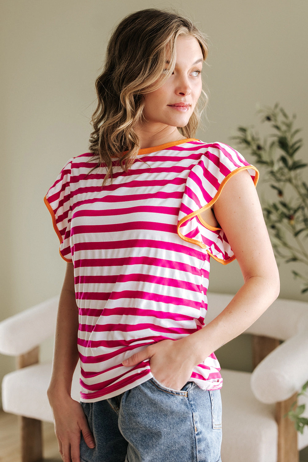 Threaded Pear Women's GloriaStriped Ruffle Sleeve Crew Neck Blouse