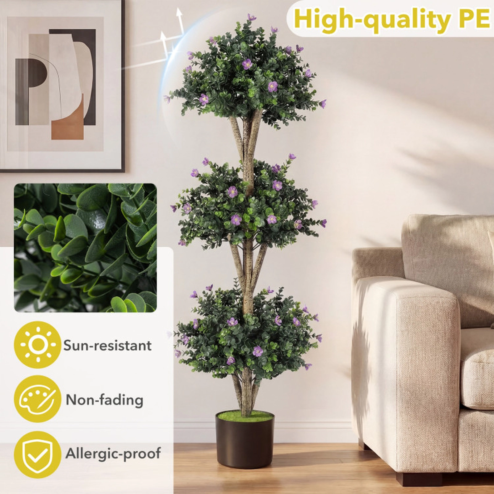 SUGIFT Triple Ball 59 Blossoms Cement-Filled Pot Artificial Boxwood Topiary Tree 51-in Tall 7-in Pot 11.5-lb Purple