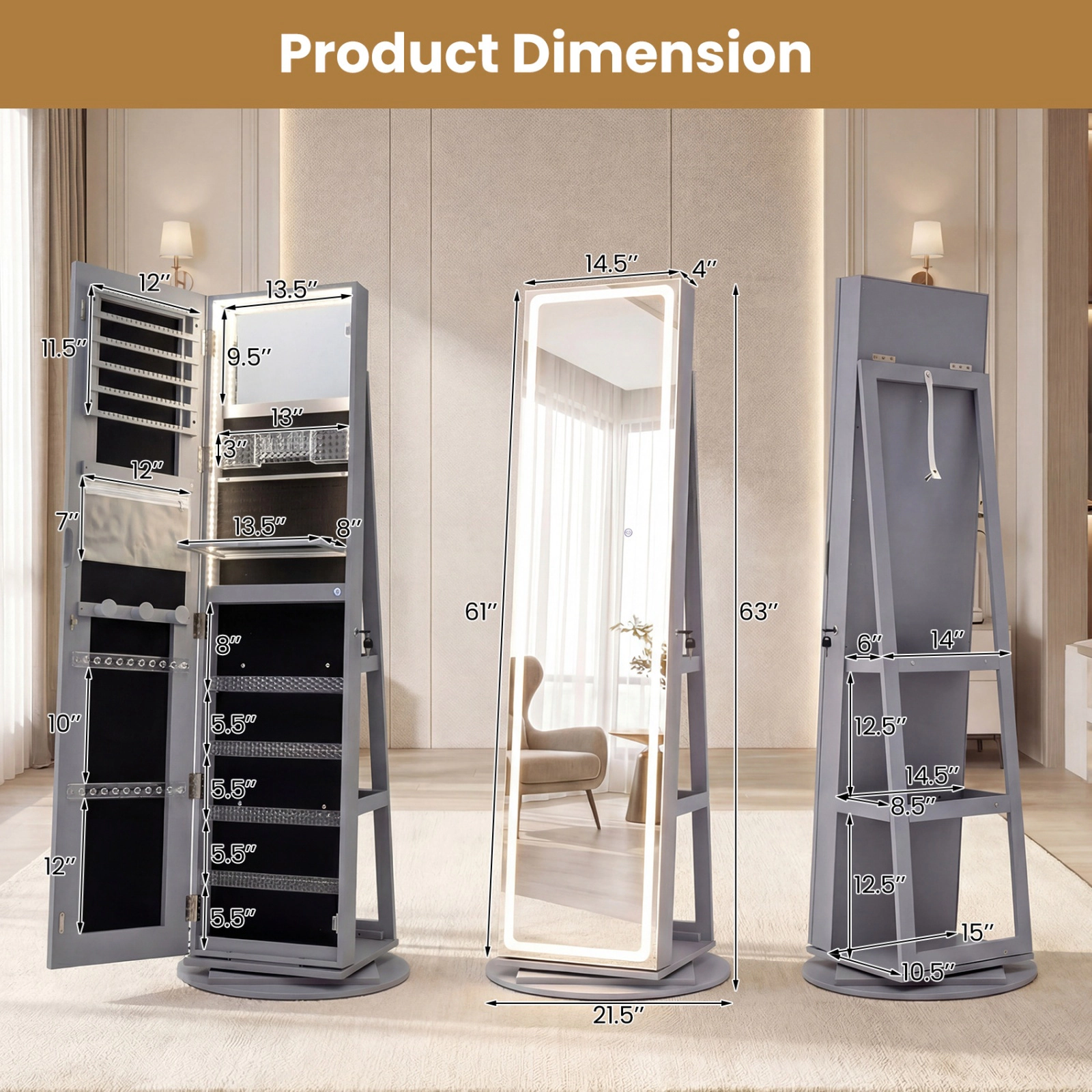 SUGIFT Standing Jewelry Cabinet with Adjustable LED Lights Full-Length Mirror Rotating Base 63-in Tall Gray