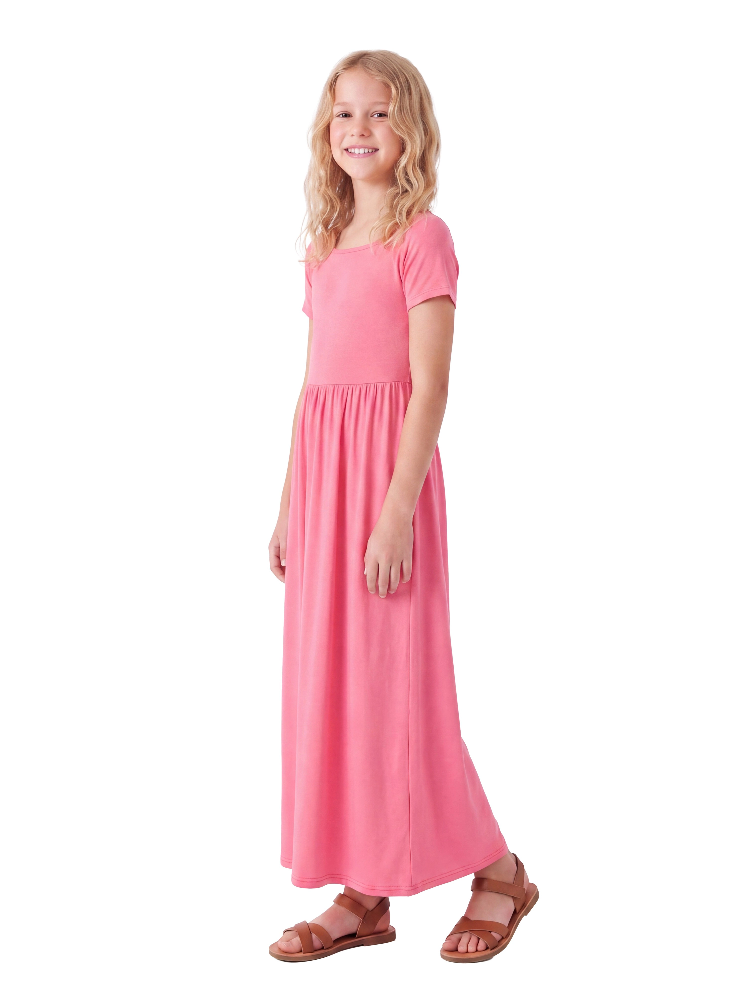 24sevenKid Essential Girls Short Sleeve Pleated Maxi Dress