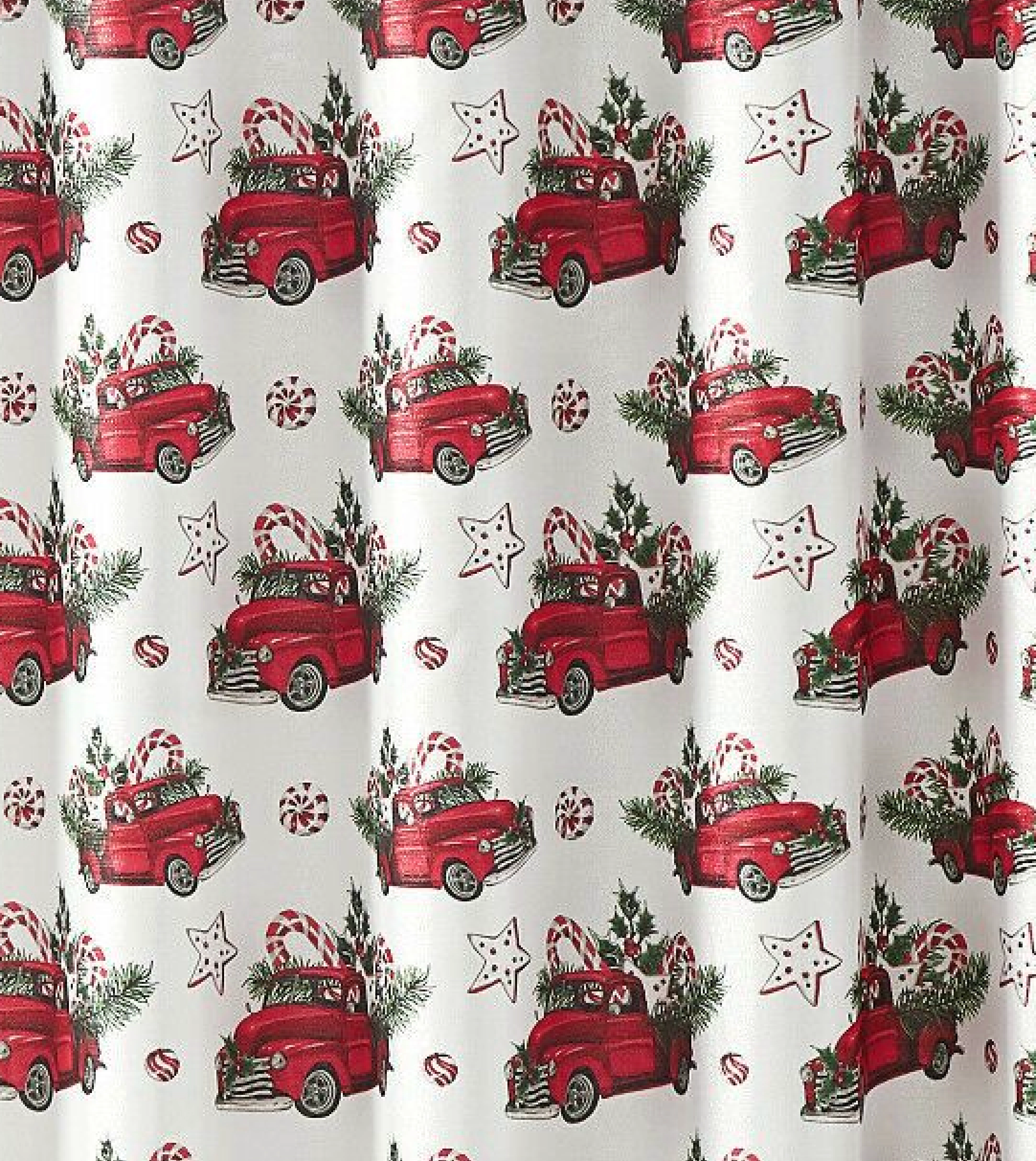 Kate Aurora Holiday Living Red Trucks Evergreens And Candy Canes Sparkly Christmas Fabric Shower Curtain