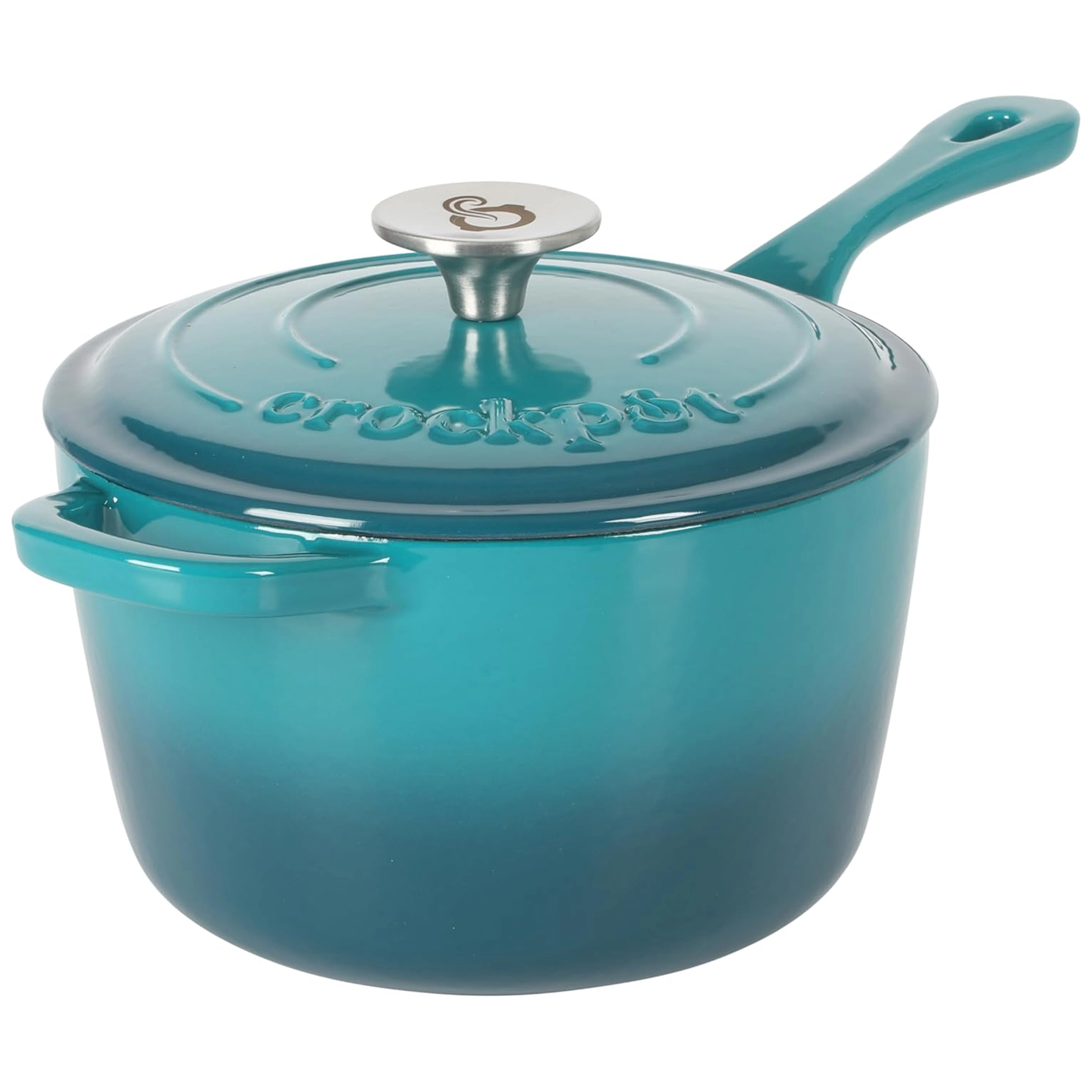 Crock-Pot Artisan 3 Quart Enameled Cast Iron Saucepan with Lid Teal and Silver