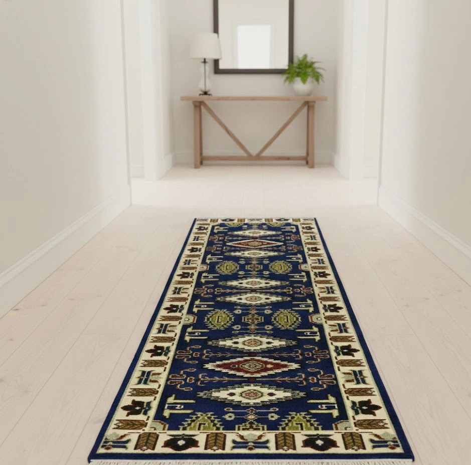 Magic Rugs 2'6 X 8'1 Hand Knotted Navy Geometric Kazak Wool Runner Rug