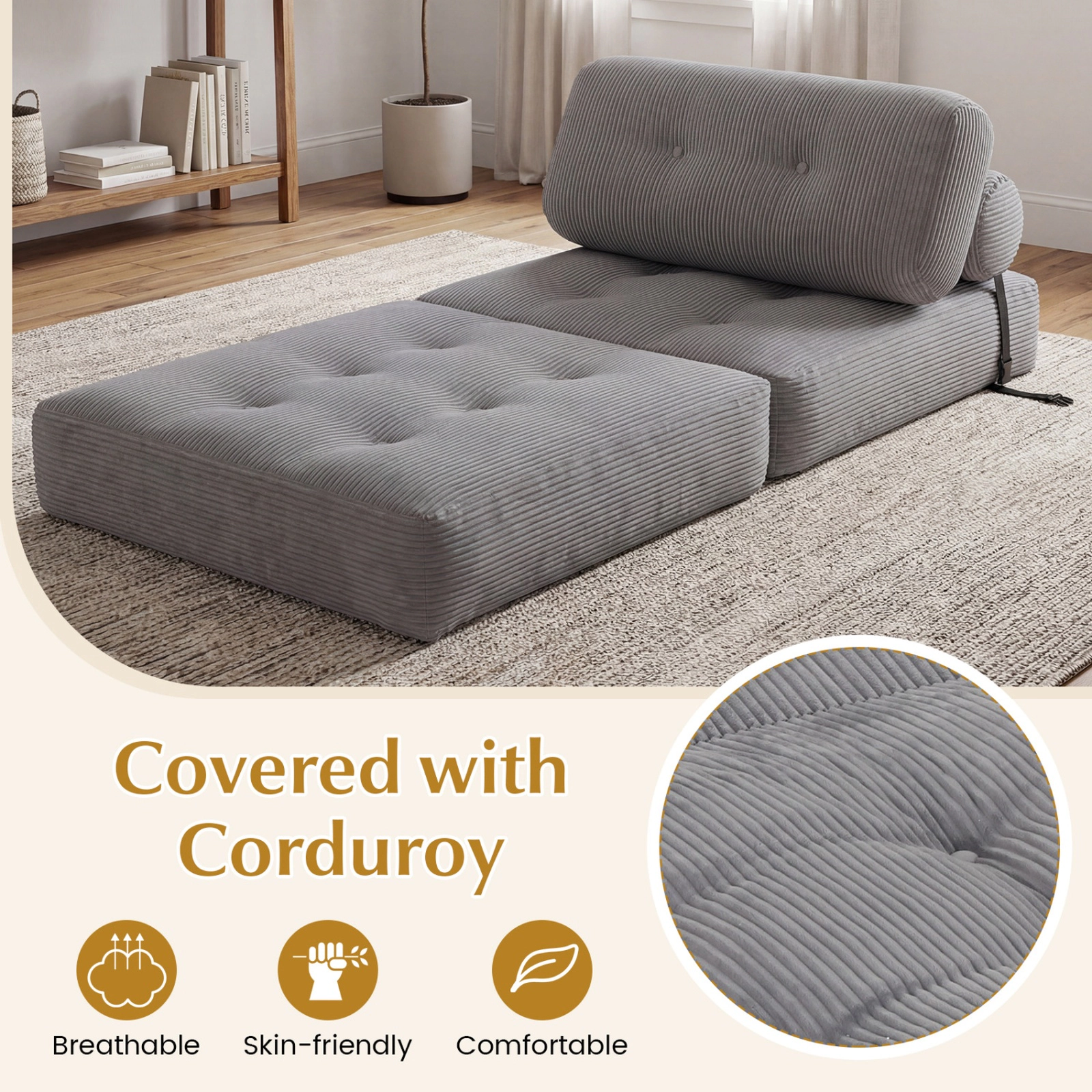SUGIFT 3-in-1 Corduroy Folding Sofa Bed Pillow & Back Support 355-lb Capacity 68-in Bed Beige Black Gray Navy Blue Pink