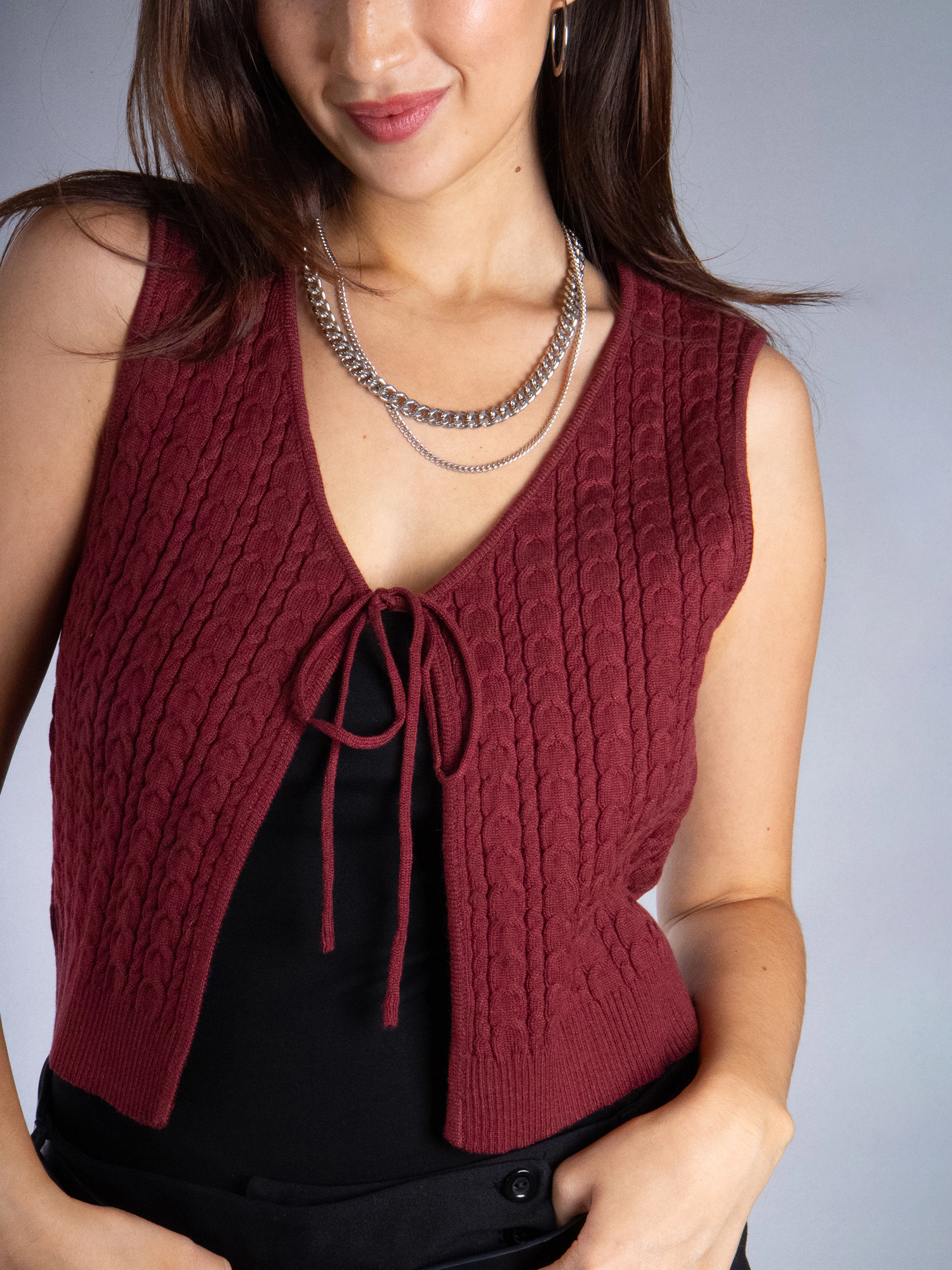 JESS by Meiko Women's Open Front Lightweight Cable Knit Tie Vest