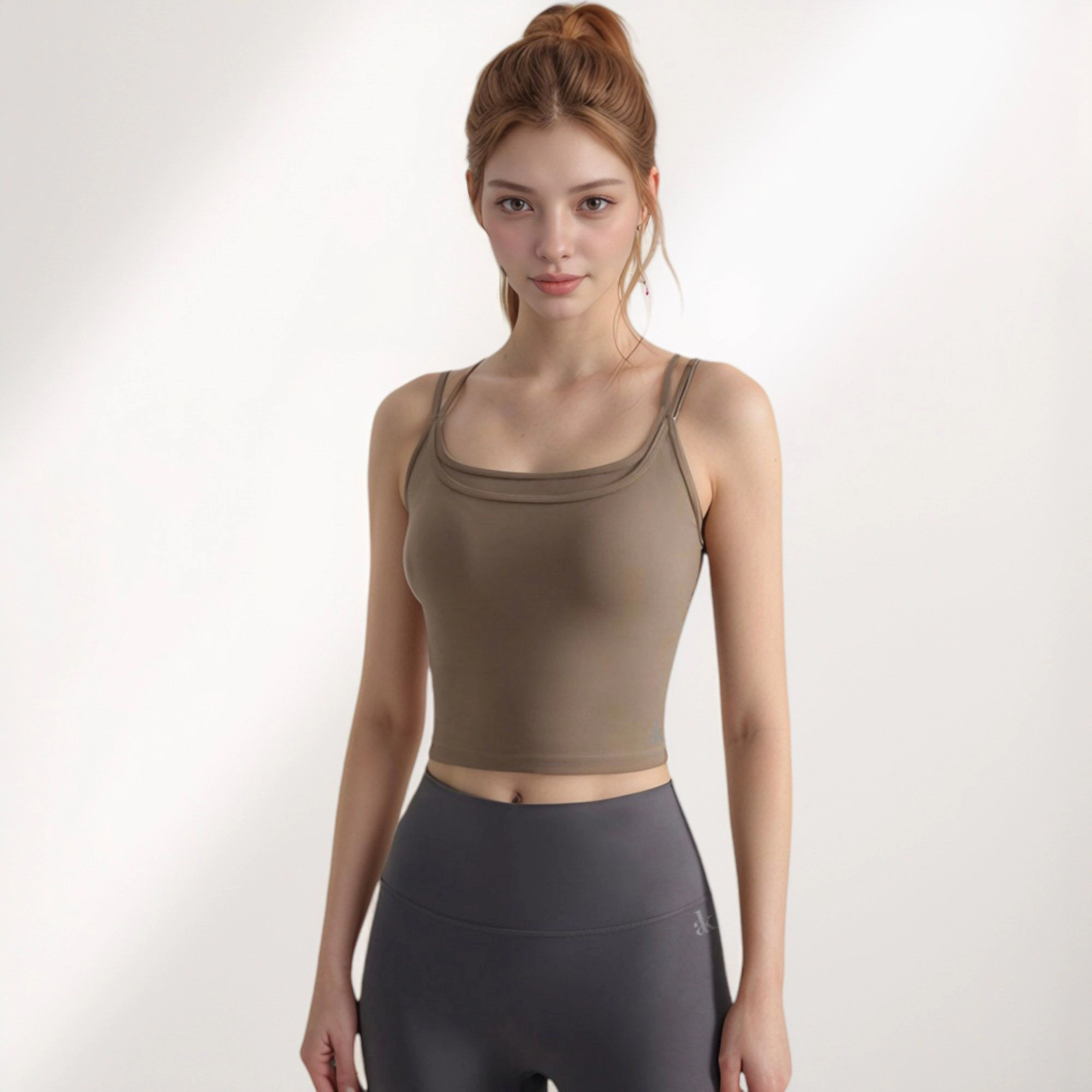 Anna-Kaci Women's Longline Sports Bra with Double Spaghetti Straps and Layered Scoop Neck for Low Impact Workouts