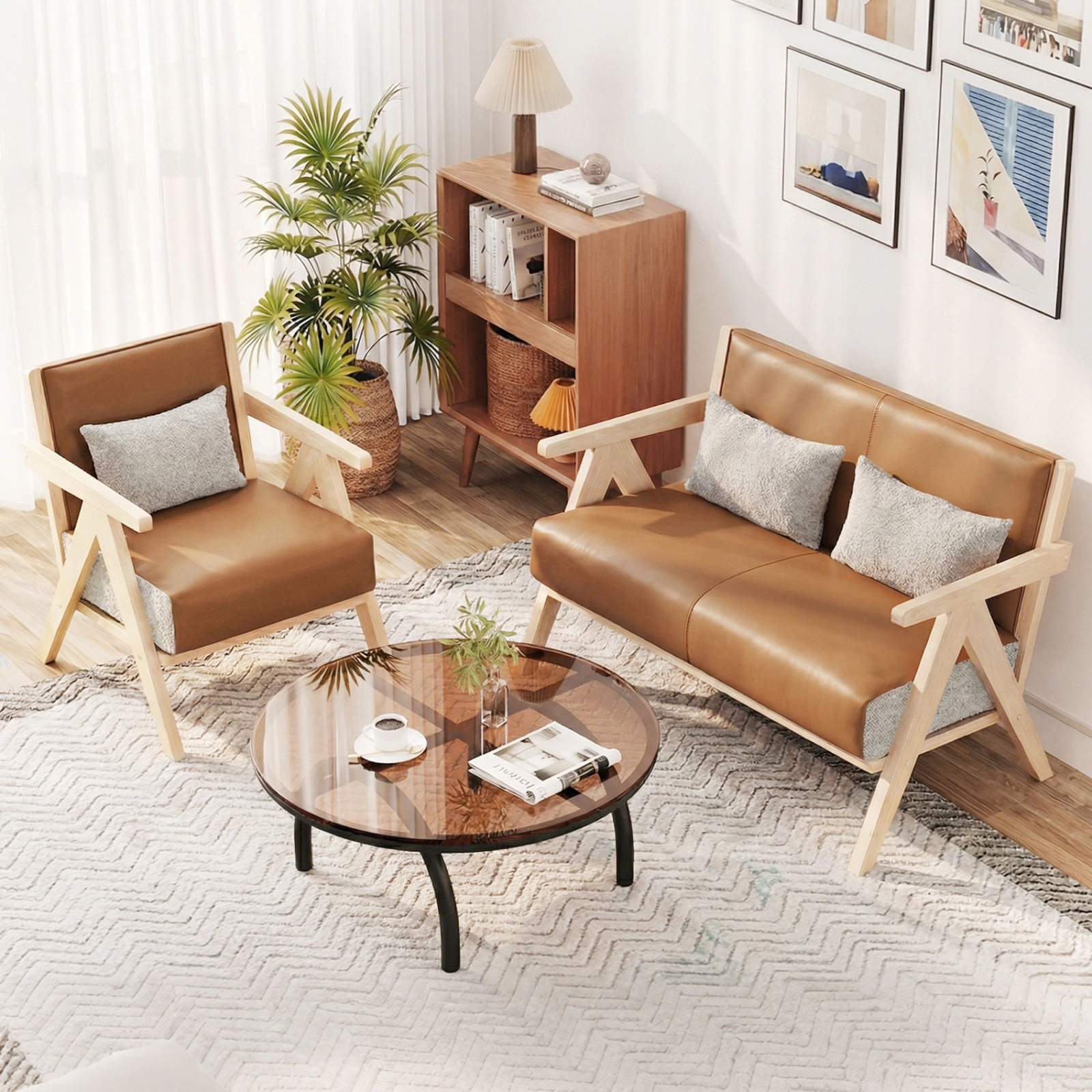 SUGIFT 2-Piece Brown Chenille Loveseat and Armchair Set with Wood Frame