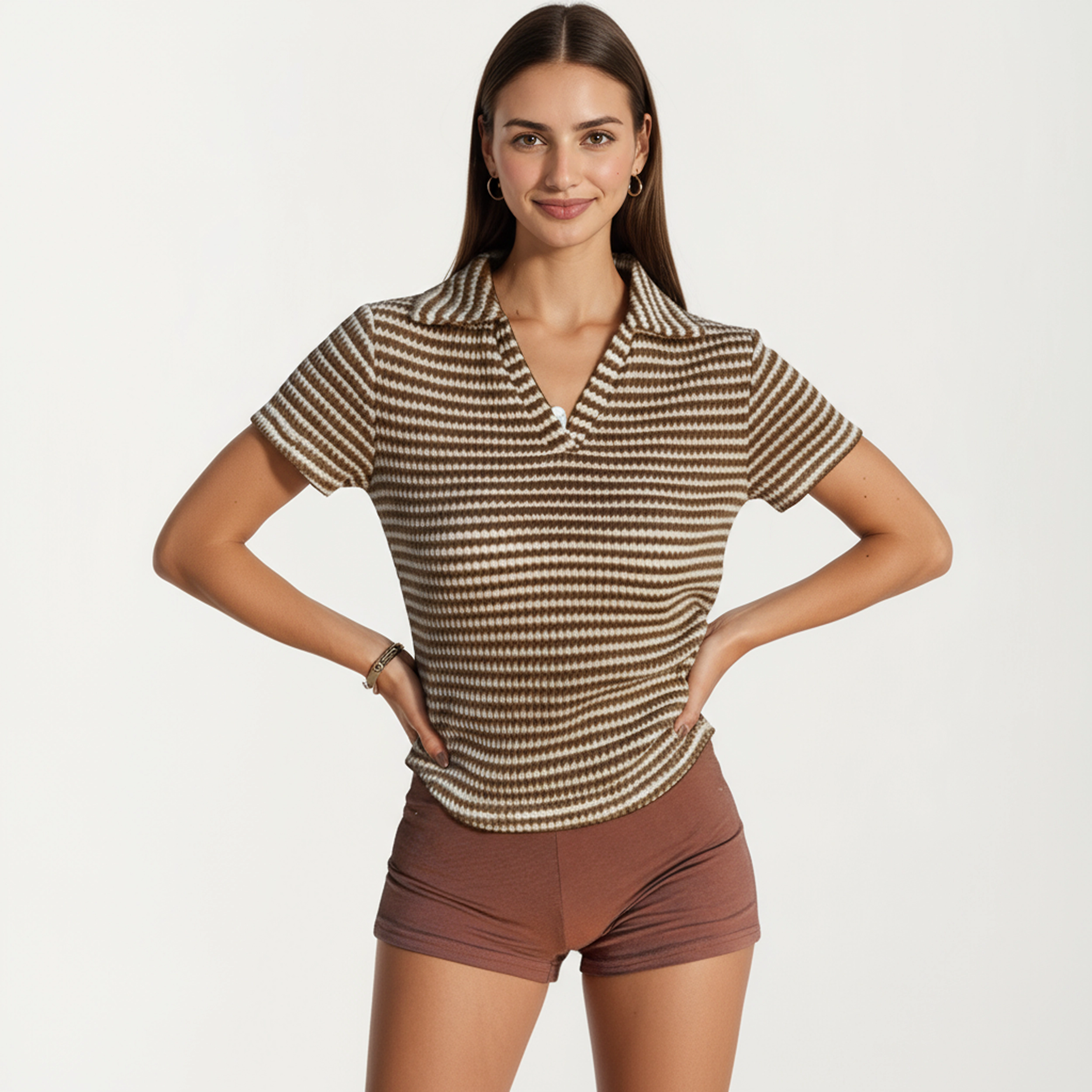Anna-Kaci Women's Striped V-Neck Collared Short Sleeve Knit Top