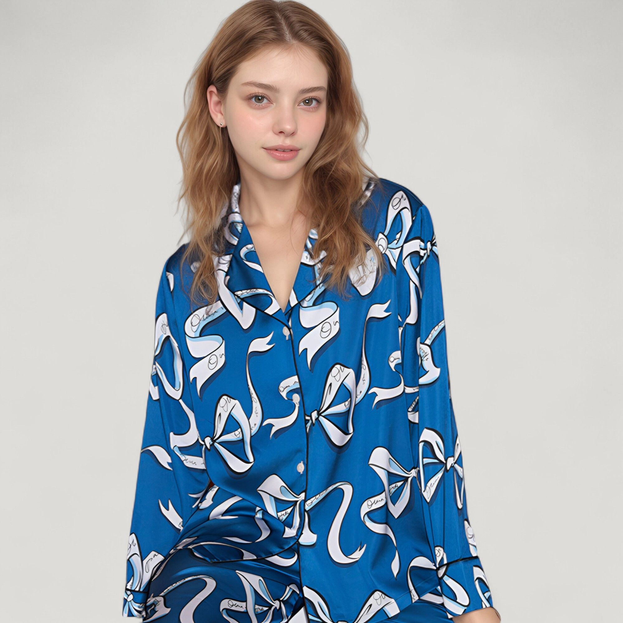 Anna-Kaci Women's Eel Print Pajama Set with Button Down Long Sleeve Top and Relaxed Fit Wide Leg Woven Pants