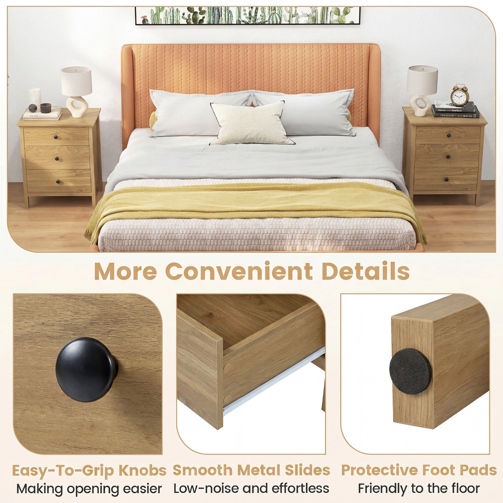 SUGIFT 3-Drawer Nightstand Bedside Table 135-lb Tabletop Capacity with Storage Walnut/White/Black
