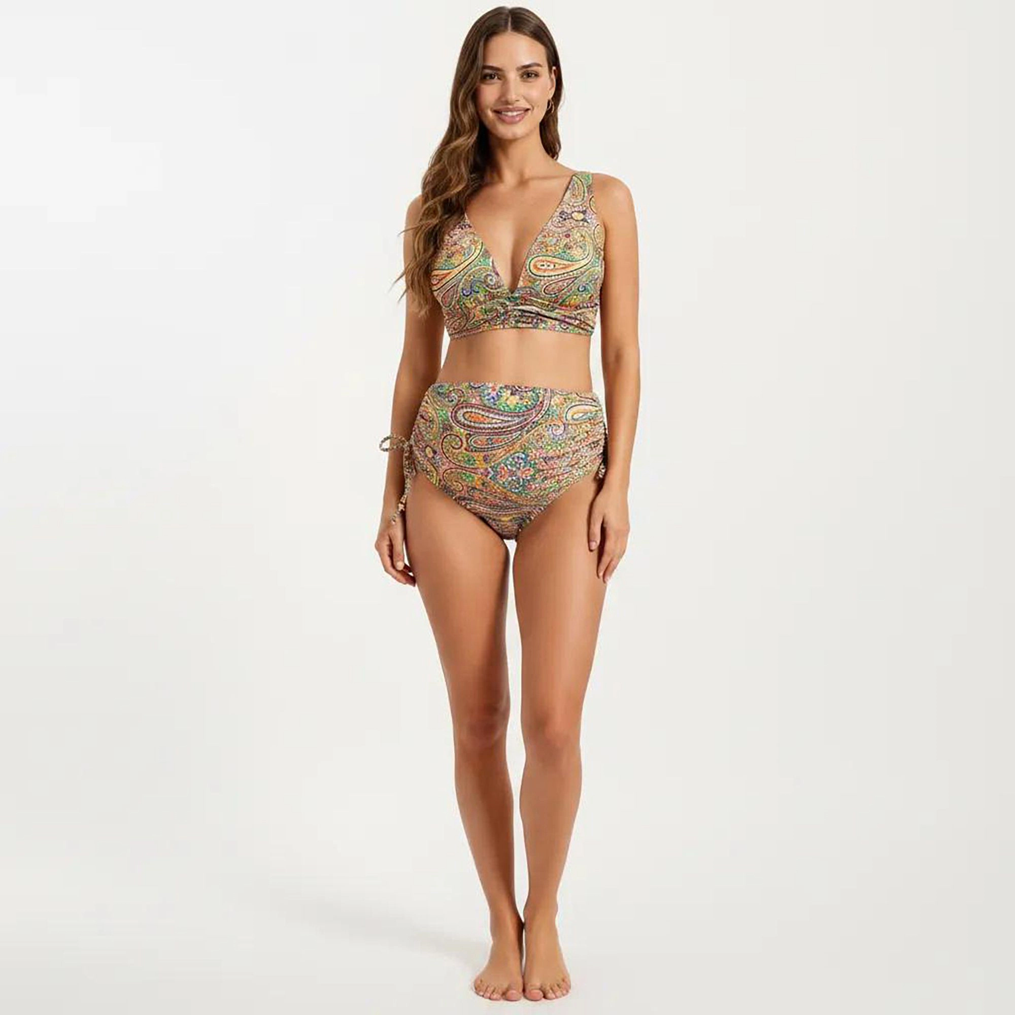 Anna-Kaci Women's Paisley Print Maternity Bikini Set with Adjustable Side Ties and V-Neck