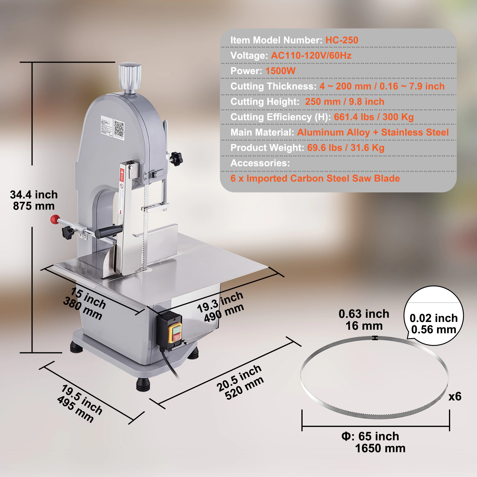 HONGGE Commercial Electric Meat Bandsaw Stainless Steel Countertop Bone Sawing Machine Workbeach Cutting Thickness