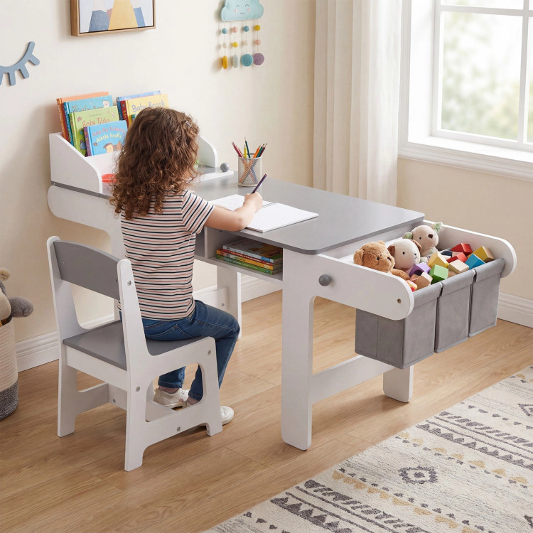 Hivvago Kids Art Table And Chair With Paper Roll And Fabric Bins For Drawing Reading Studying Playing