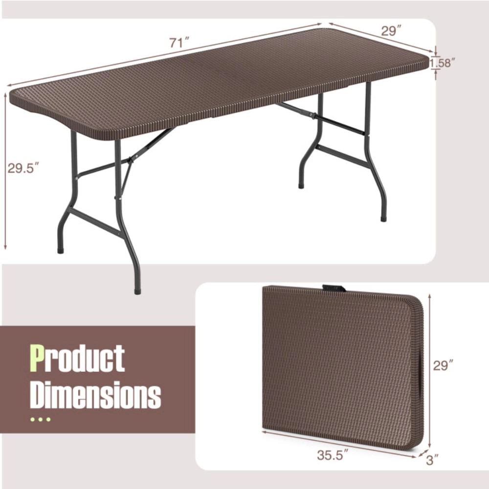 Hivvago 6 Ft Portable Folding Table With Rattan-Like Hdpe Tabletop And Safe Lock Mechanism-Brown