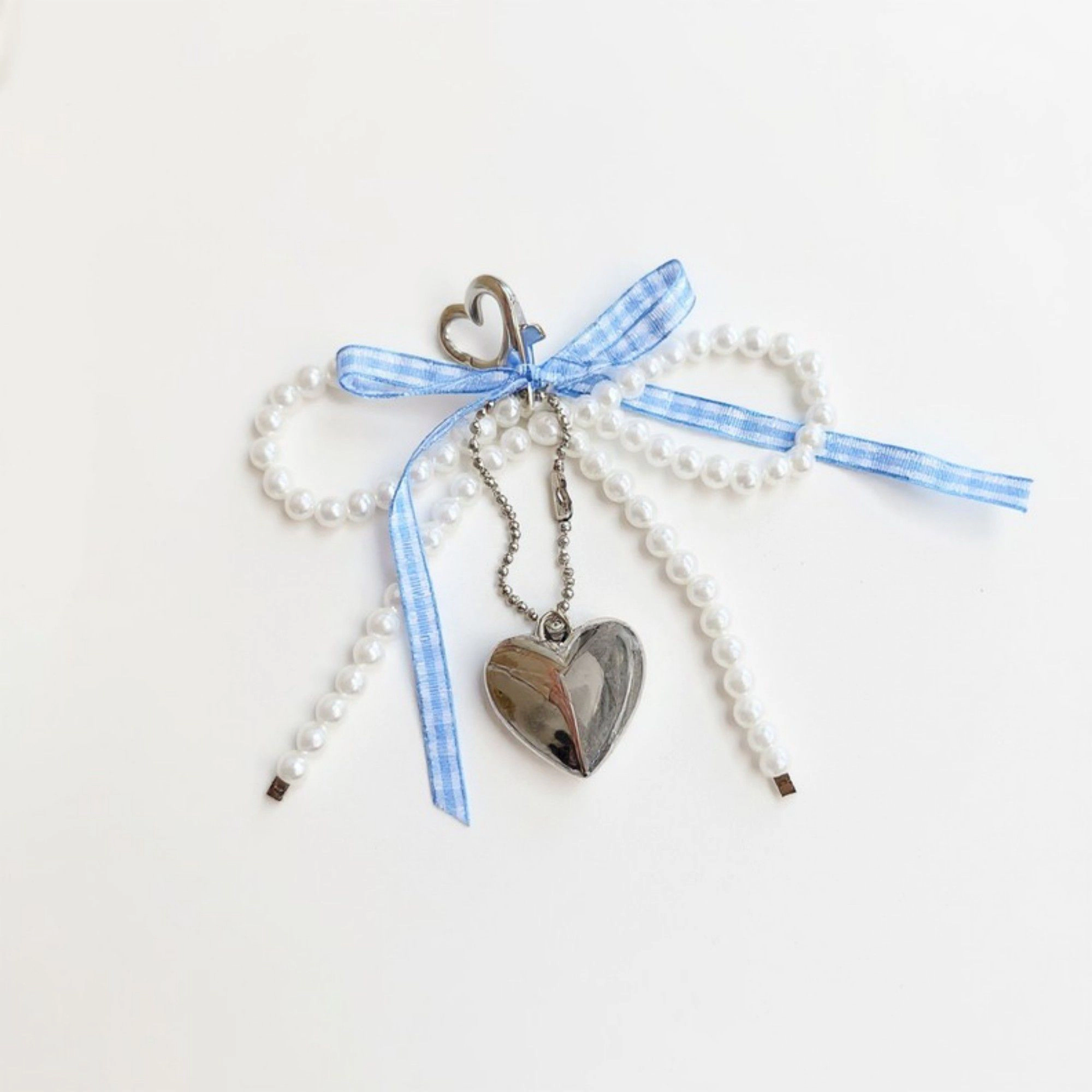 Alilang Women's Ribbon Pearl Bow Keychain with Silver Heart Charm and Gingham Accent