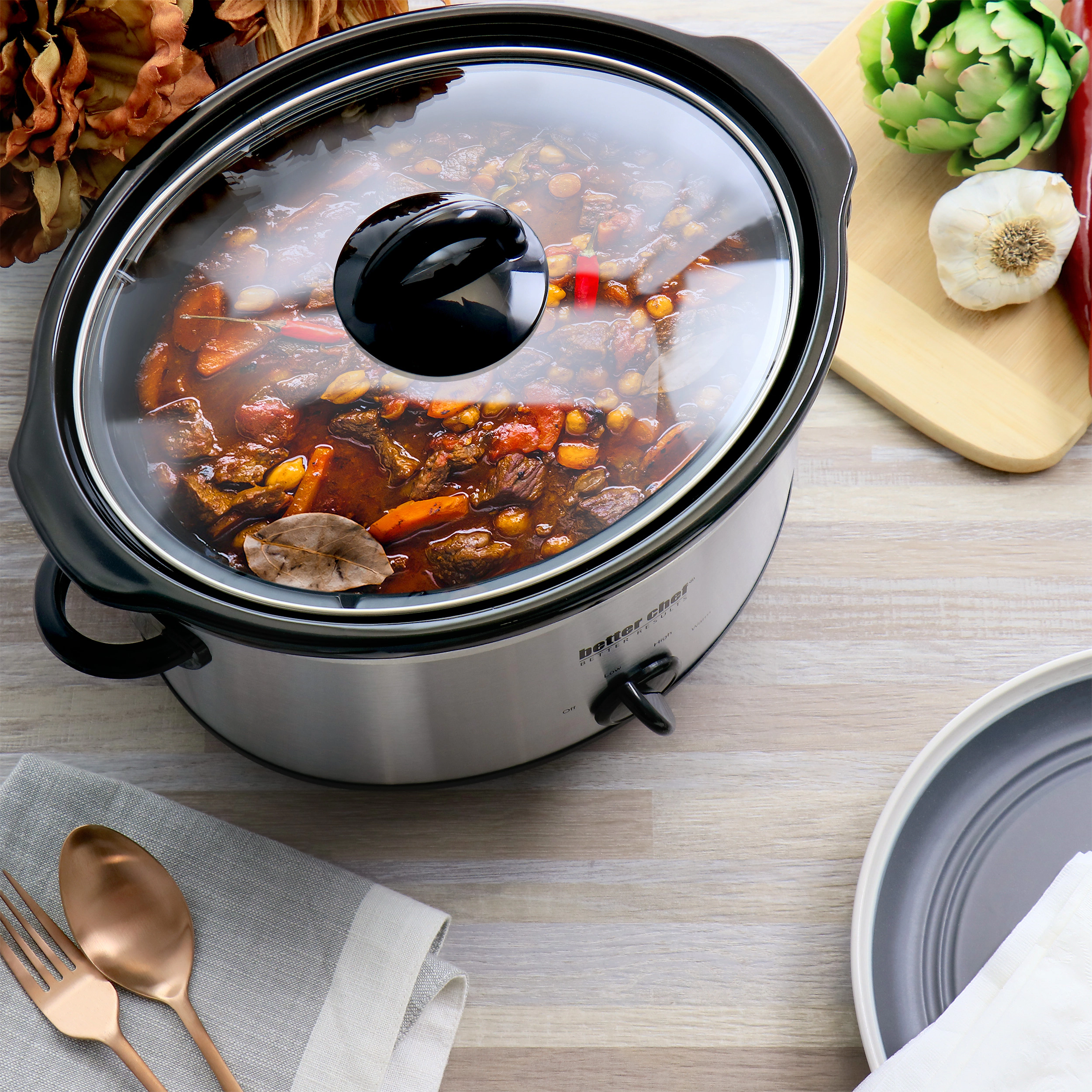 Better Chef Quart Oval Slow Cooker with Removable Stoneware Crock in Stainless Steel
