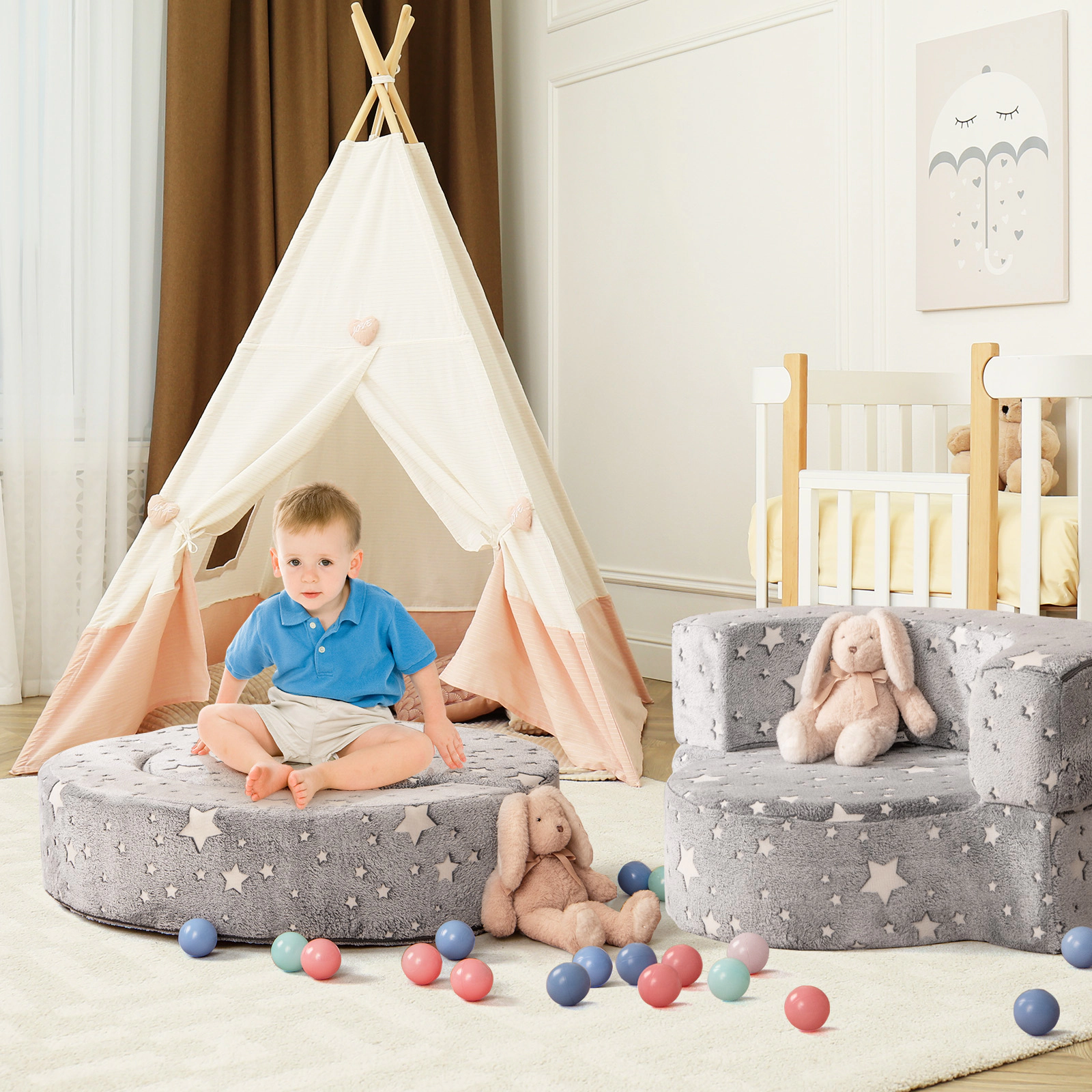 SUGIFT Gray 2-in-1 Toddler Couch with Glow-in-the-Dark Stars